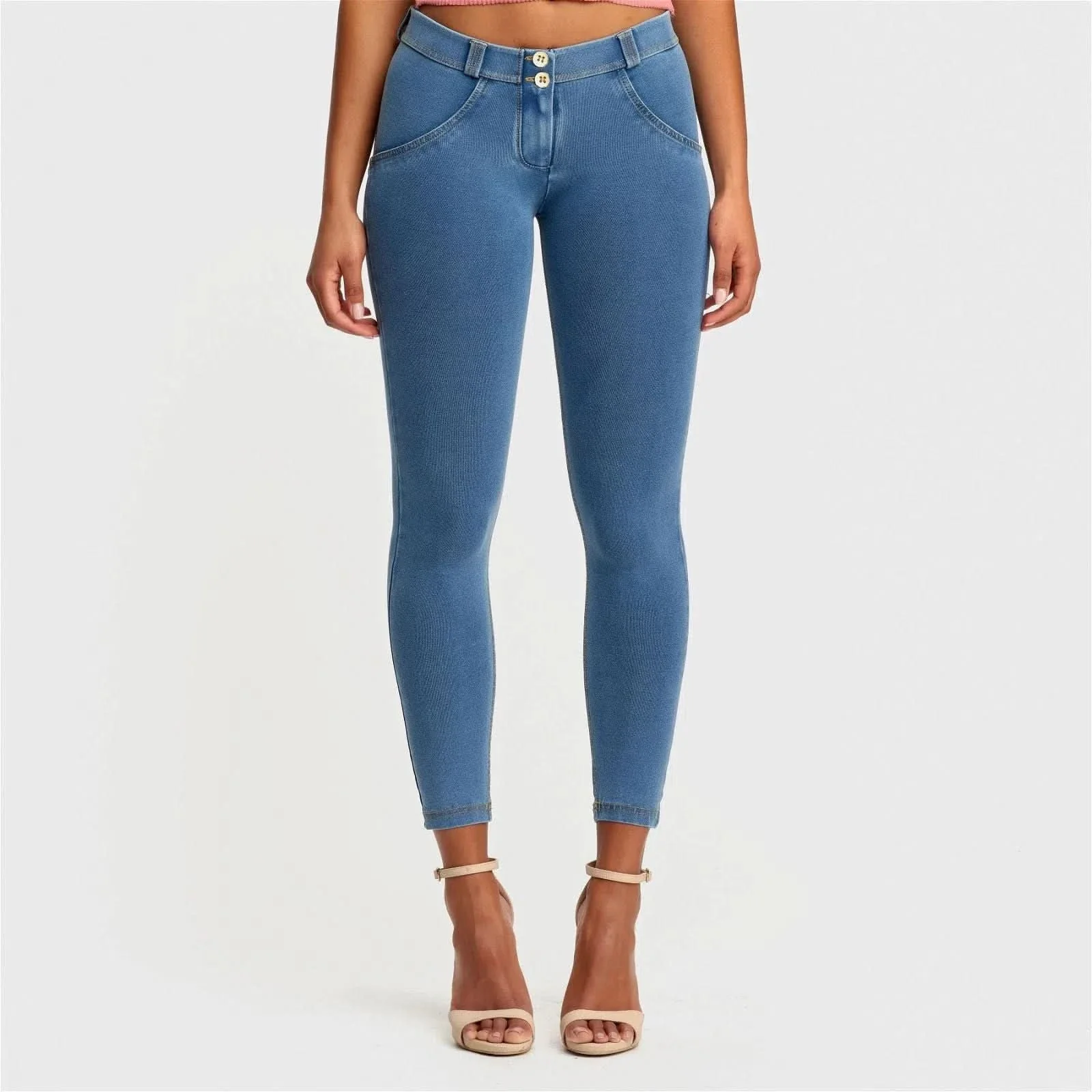 WRUP Denim - Mid Rise - 7/8 Length - Light Blue + Yellow Stitching - Image 2
