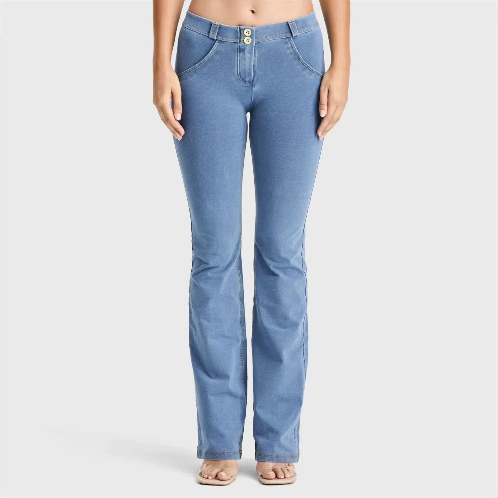 WRUP Denim - Mid Rise - Bell Bottom Flare - Light Blue + Yellow Stitching - Image 2