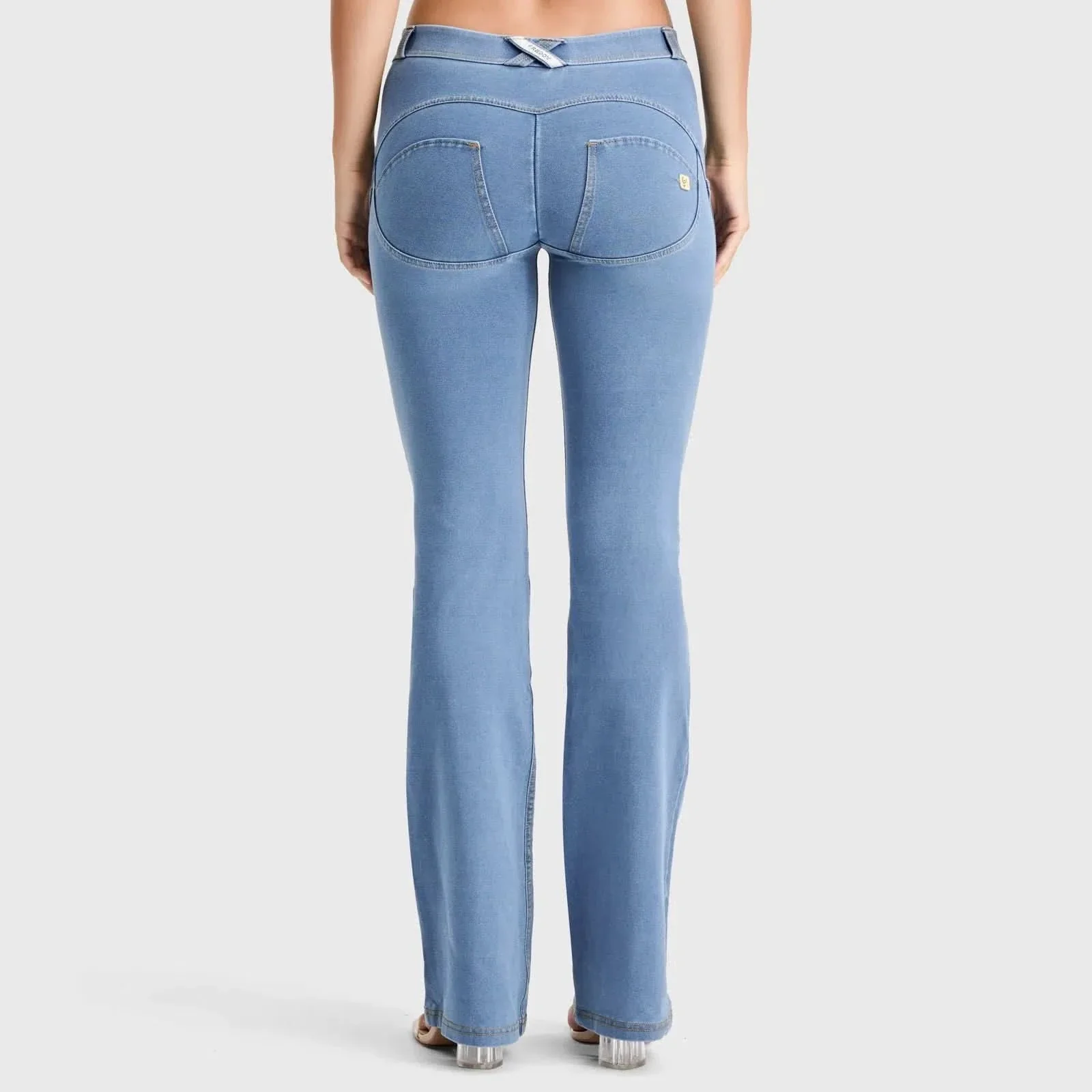 WRUP Denim - Mid Rise - Bell Bottom Flare - Light Blue + Yellow Stitching - Image 3