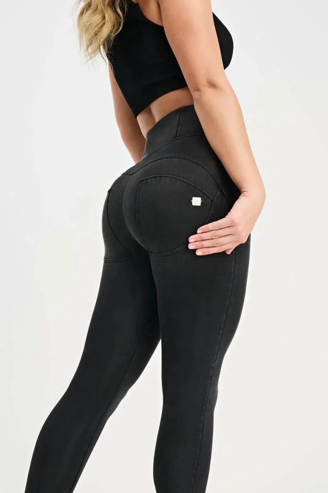WRUP Denim with Feature Seam - High Waisted - 7/8 Length - Black + Black Stitching - Image 5
