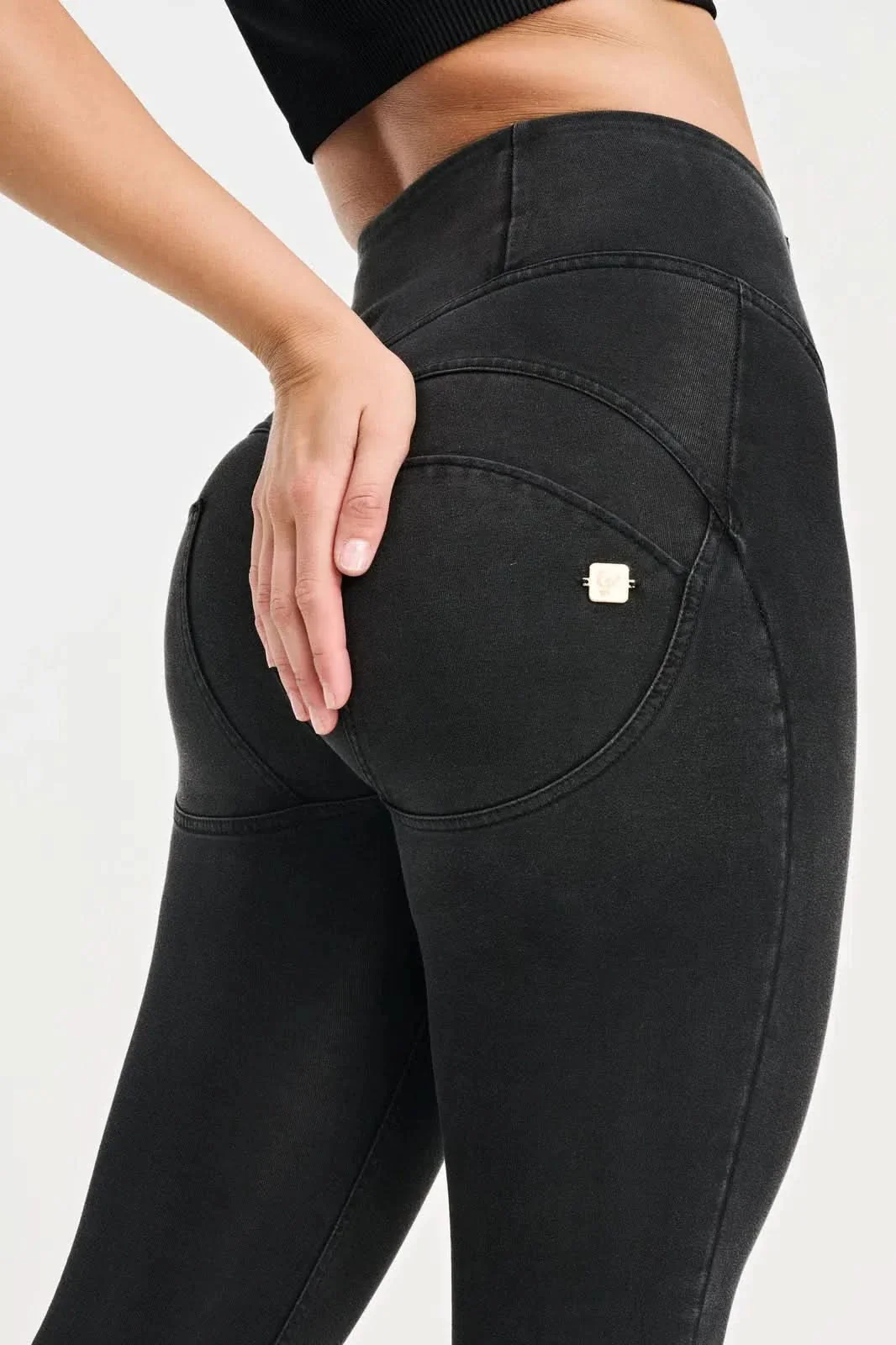 WRUP Denim with Feature Seam - High Waisted - 7/8 Length - Black + Black Stitching - Image 9