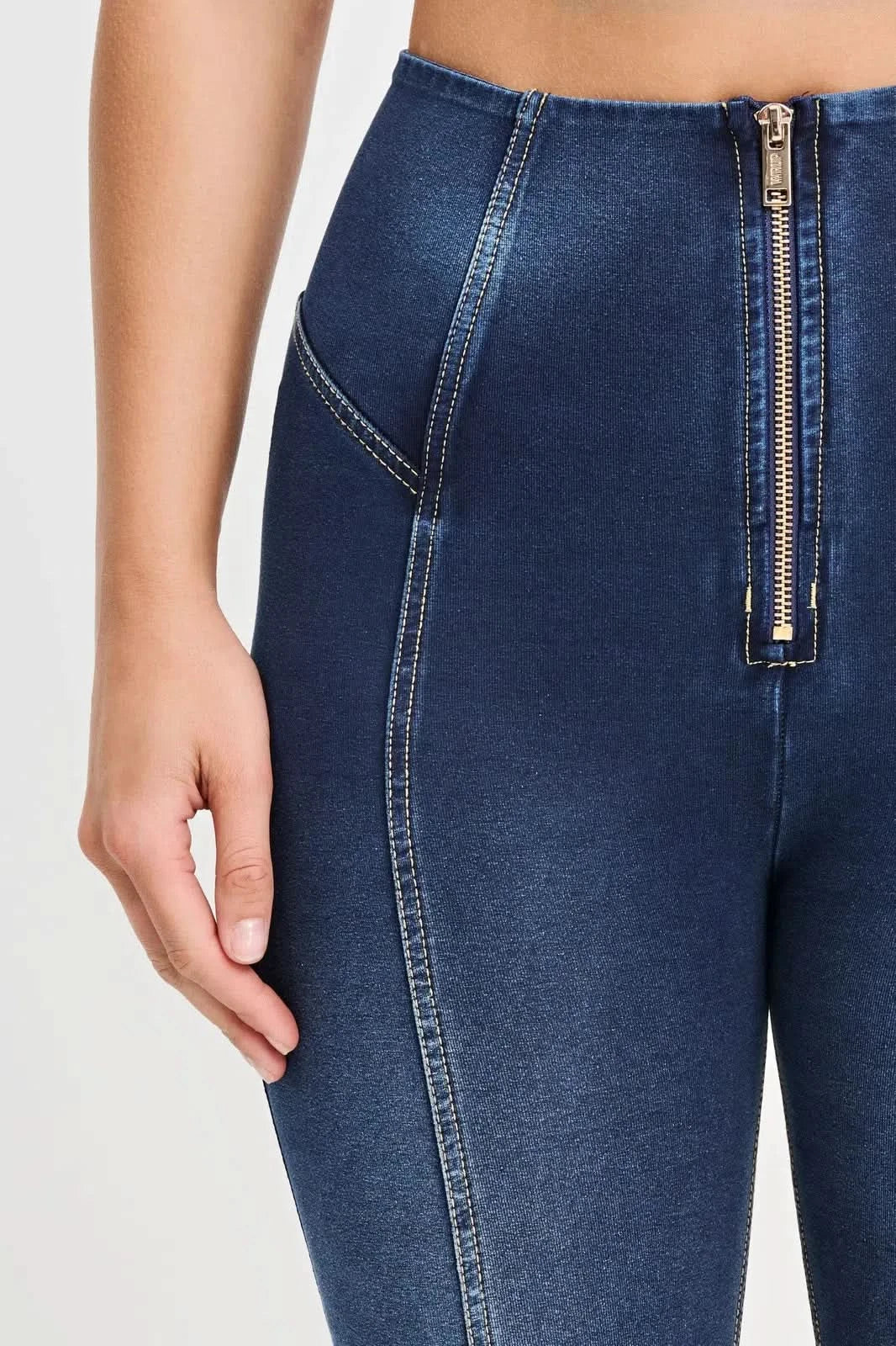 WRUP Denim with Feature Seam - High Waisted - 7/8 Length - Dark Blue + Beige Stitching - Image 10