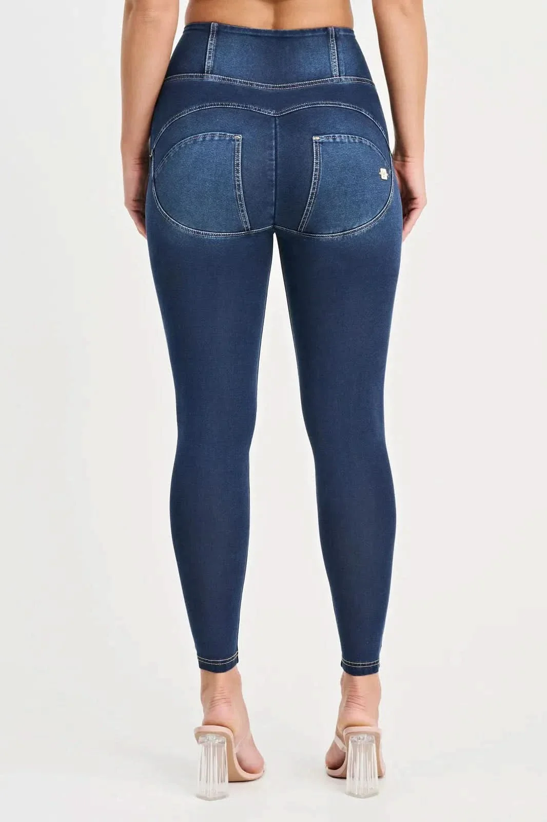 WRUP Denim with Feature Seam - High Waisted - 7/8 Length - Dark Blue + Beige Stitching - Image 8