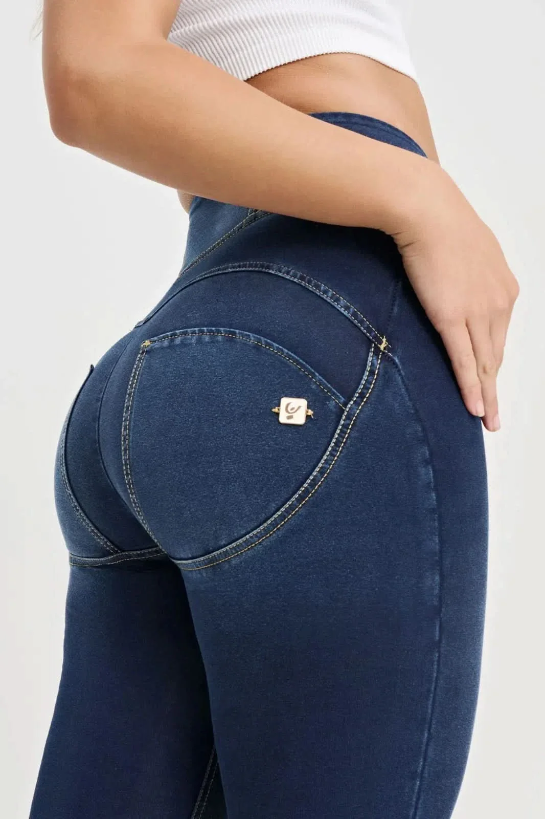 WRUP Denim with Feature Seam - High Waisted - 7/8 Length - Dark Blue + Beige Stitching - Image 9