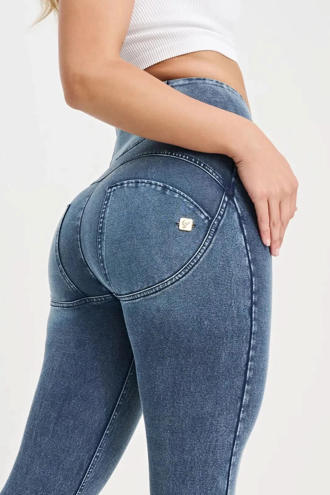 WRUP Denim with Feature Seam - High Waisted - 7/8 Length - Vintage Blue + Blue Stitching - Image 11