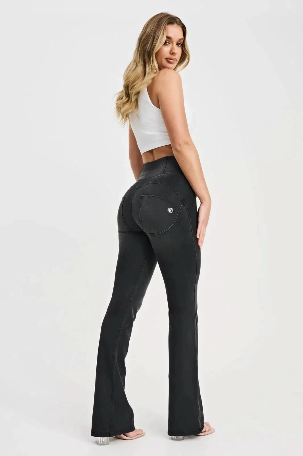 WRUP Denim with Feature Seam - High Waisted - Bell Bottom Flare - Black + Black Stitching - Image 5