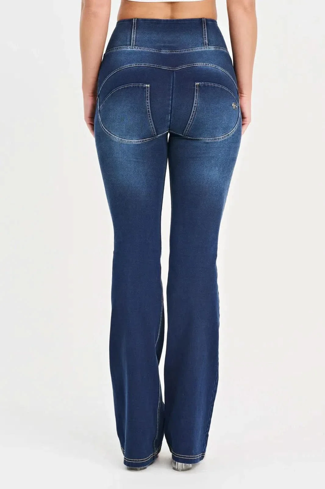 WRUP Denim with Feature Seam - High Waisted - Bell Bottom Flare - Dark Blue + Beige Stitching - Image 9