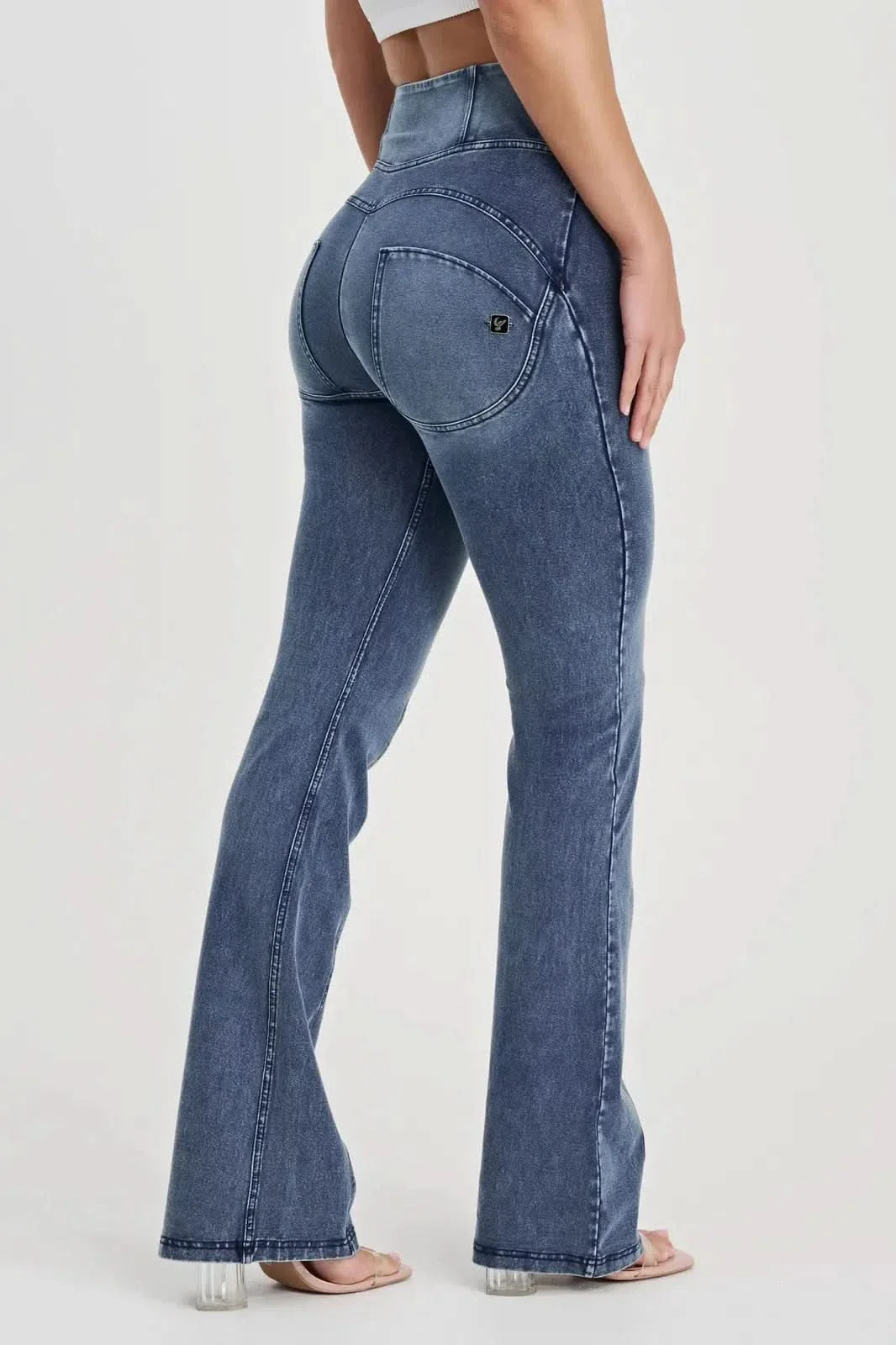 WRUP Denim with Feature Seam - High Waisted - Bell Bottom Flare - Vintage Blue + Blue Stitching - Image 5