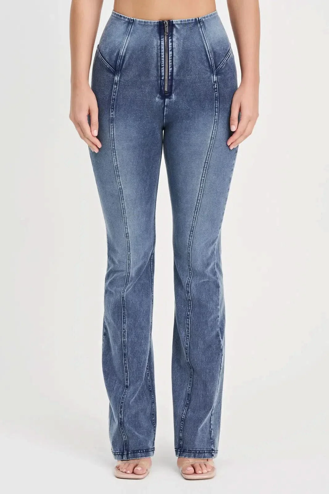 WRUP Denim with Feature Seam - High Waisted - Bell Bottom Flare - Vintage Blue + Blue Stitching - Image 6
