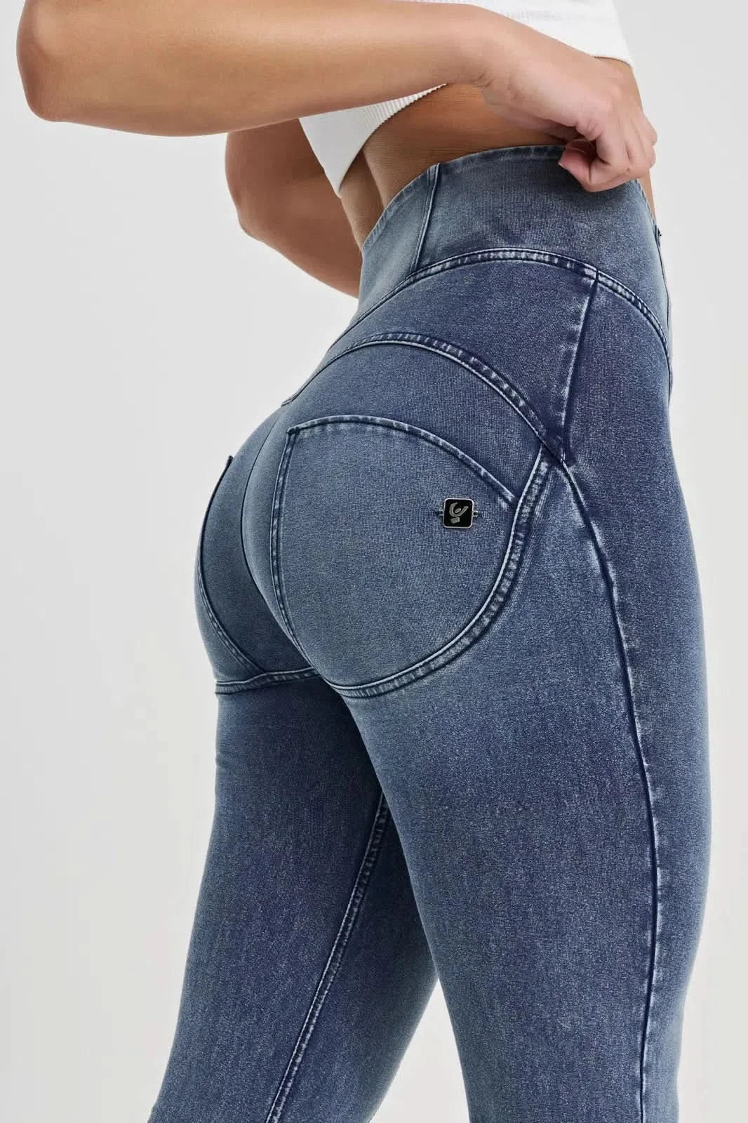 WRUP Denim with Feature Seam - High Waisted - Bell Bottom Flare - Vintage Blue + Blue Stitching - Image 8