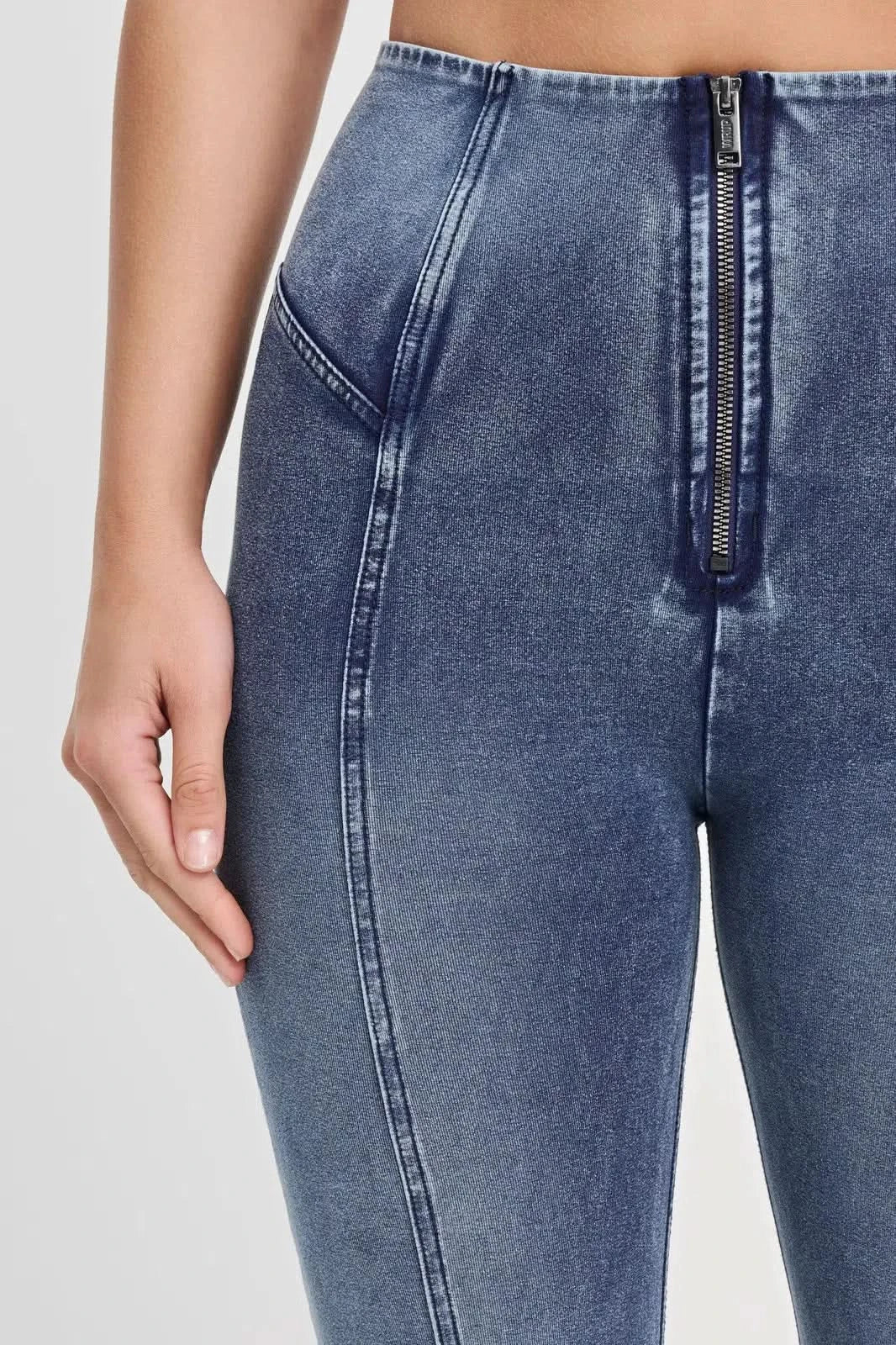 WRUP Denim with Feature Seam - High Waisted - Bell Bottom Flare - Vintage Blue + Blue Stitching - Image 9