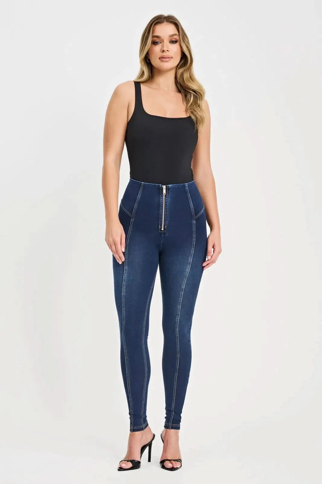 WRUP Denim with Feature Seam - High Waisted - Full Length - Dark Blue + Beige Stitching - Image 3