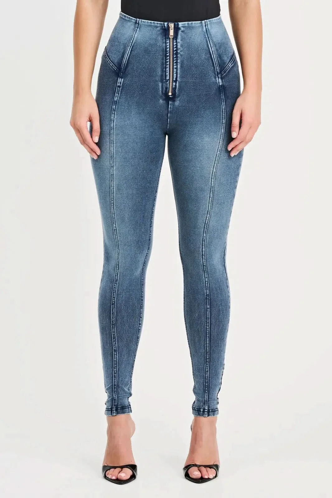WRUP Denim with Feature Seam - High Waisted - Full Length - Vintage Blue + Blue Stitching - Image 5