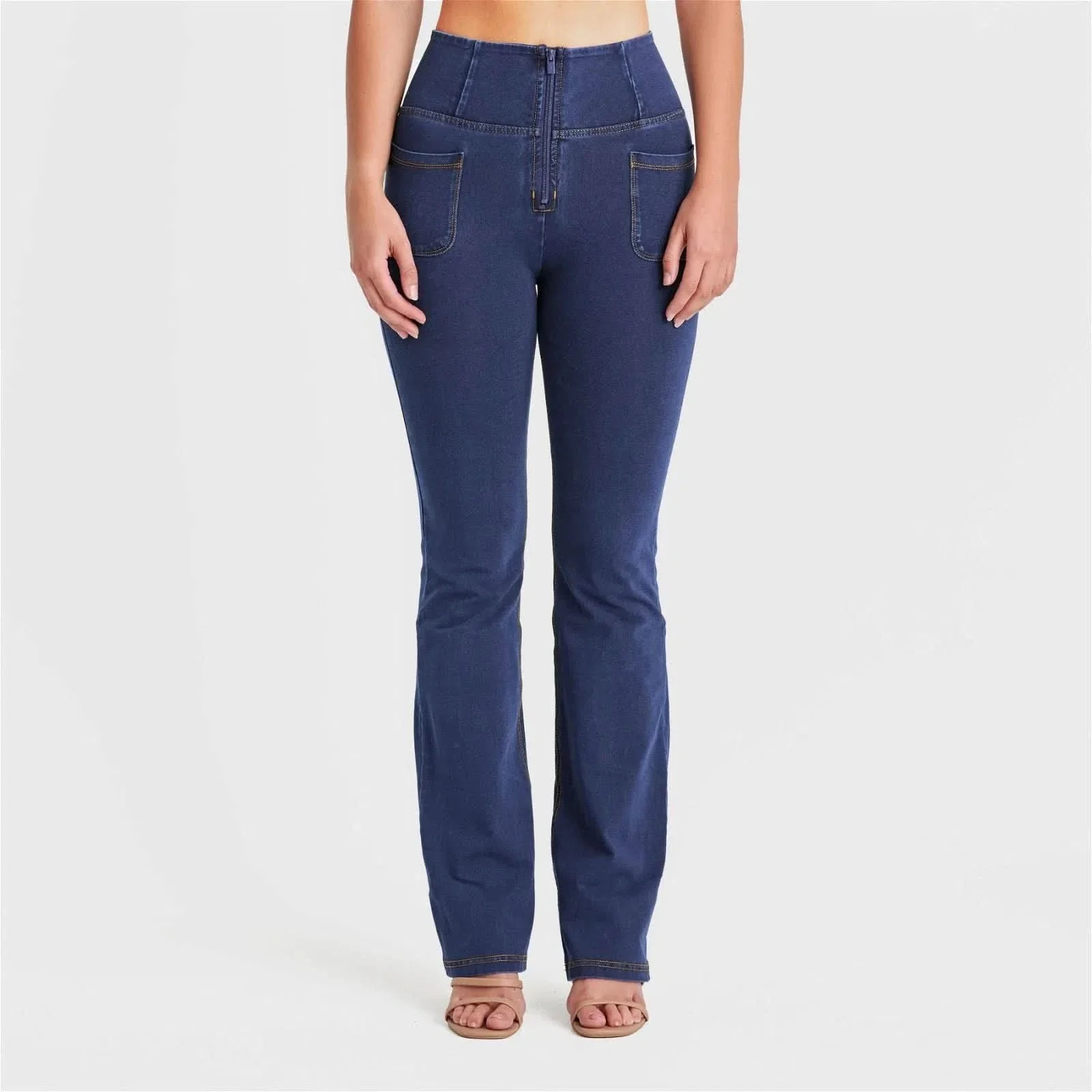 WRUP Denim with Front Pockets - Super High Waisted - Flare - Dark Blue + Yellow Stitching - Image 3