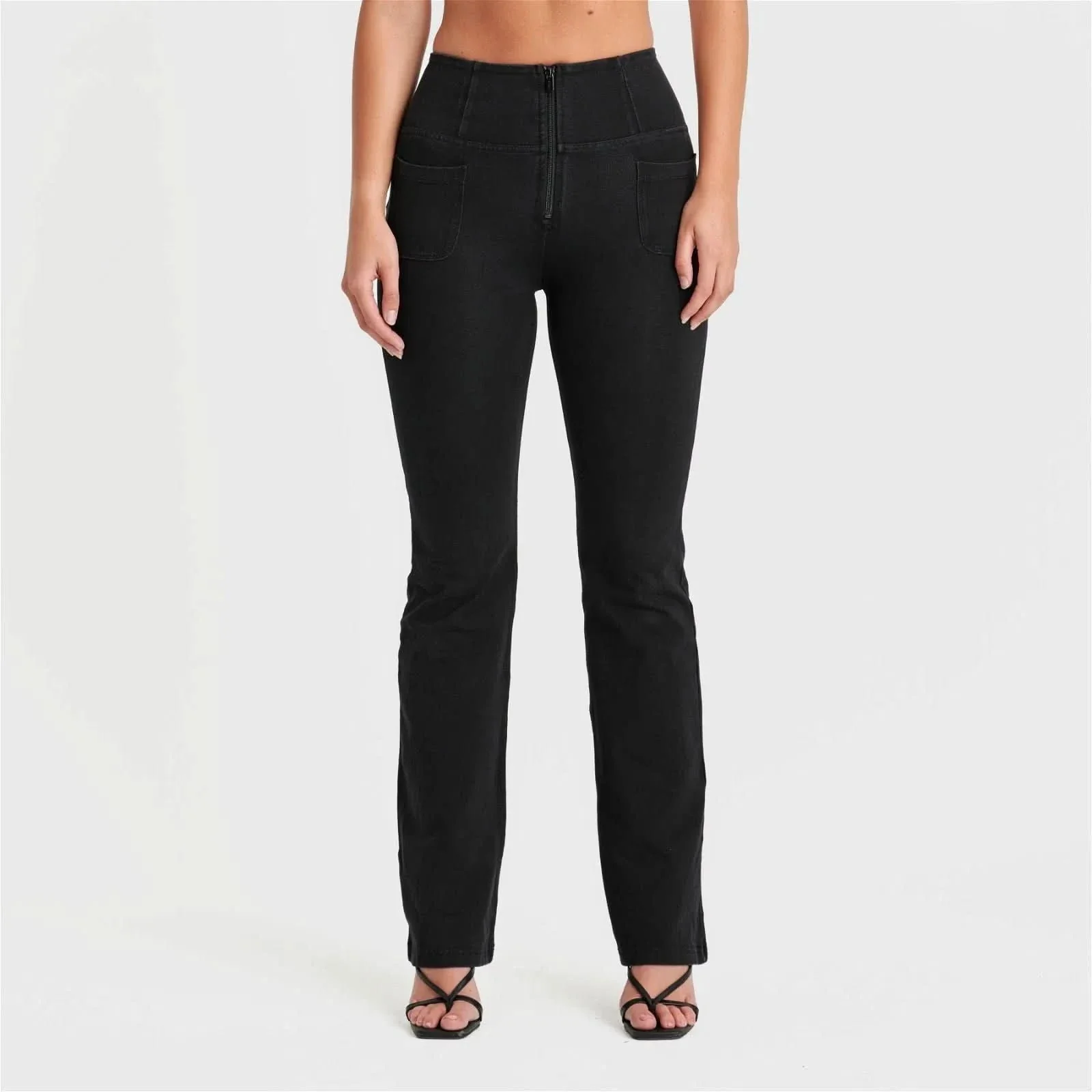 WRUP Denim with Front Pockets - Super High Waisted - Flare - Black + Black Stitching - Image 3