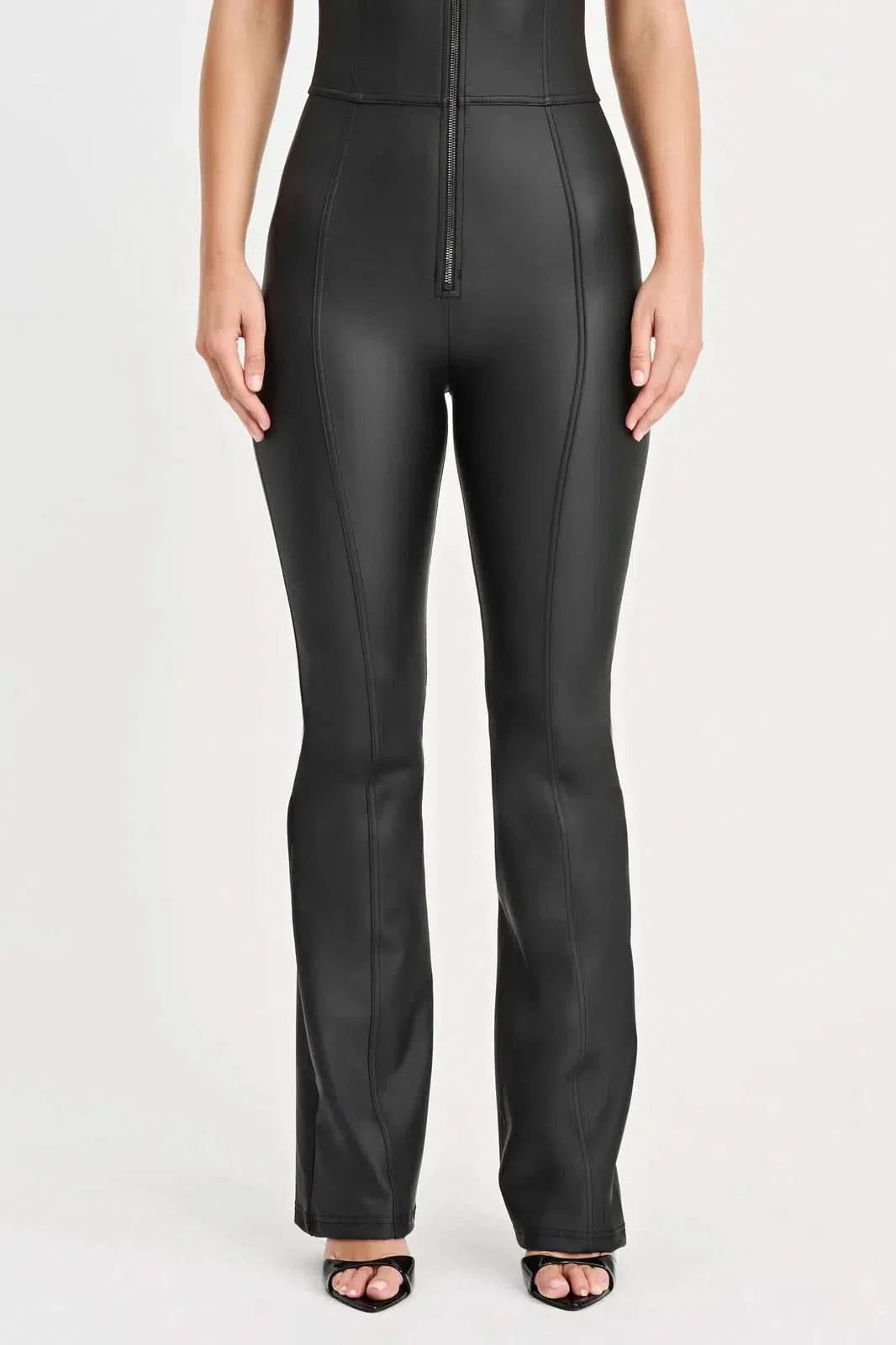 WRUP Faux Leather Jumpsuit - High Waisted - Flare - Black - Image 11