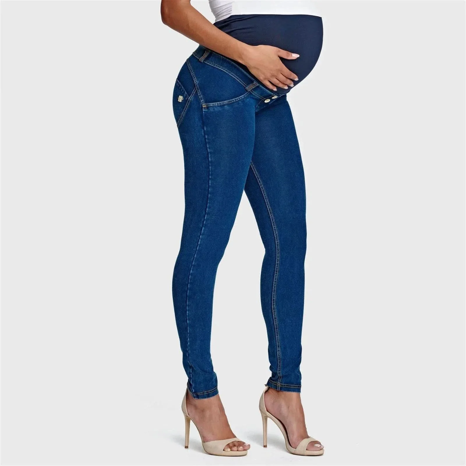 WRUP Maternity Denim - Full Length - Dark Blue + Yellow Stitching - Image 5