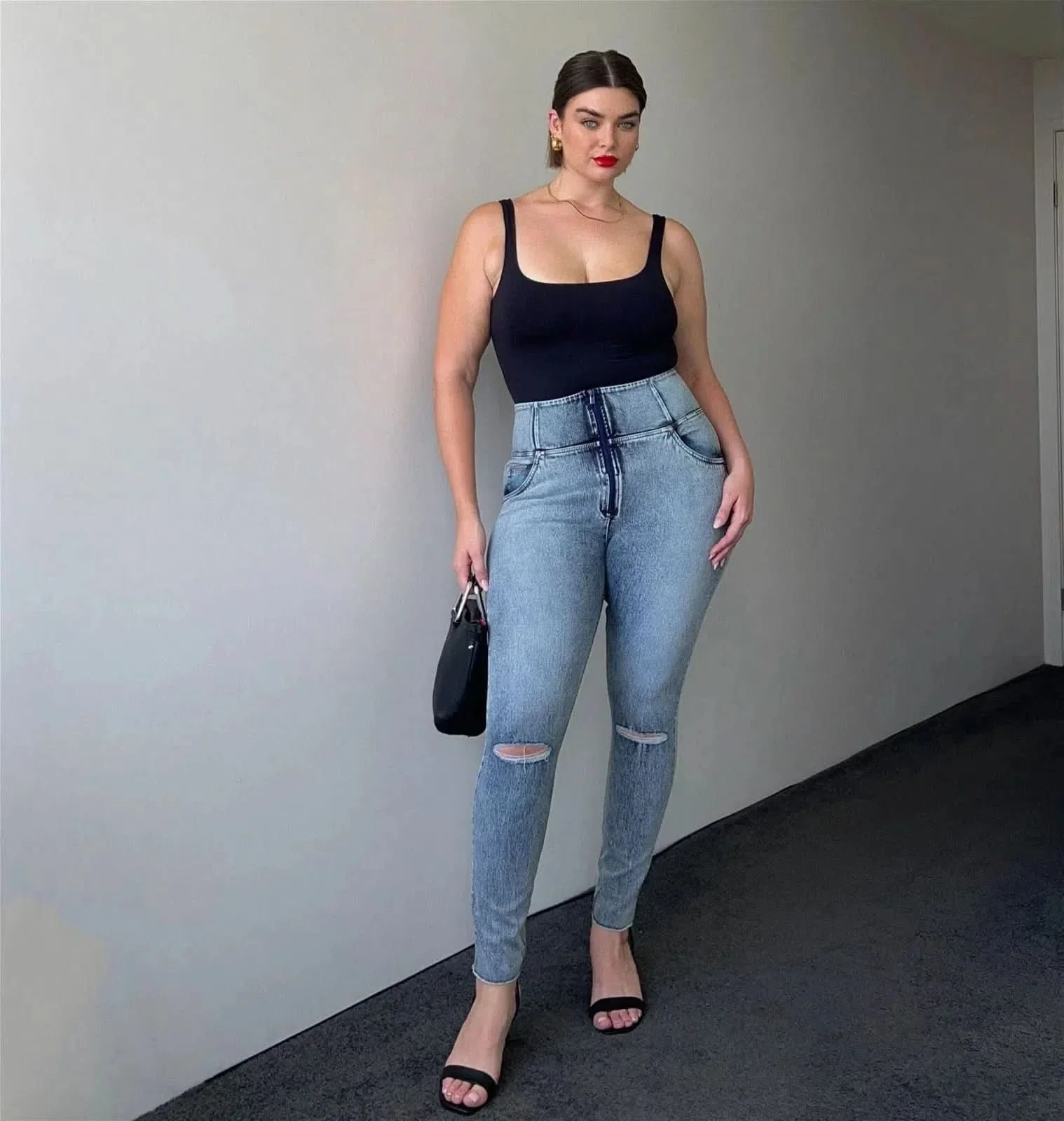 WRUP SNUG Curvy Ripped Jeans - High Waisted - Full Length - Blue Stonewash + Yellow Stitching