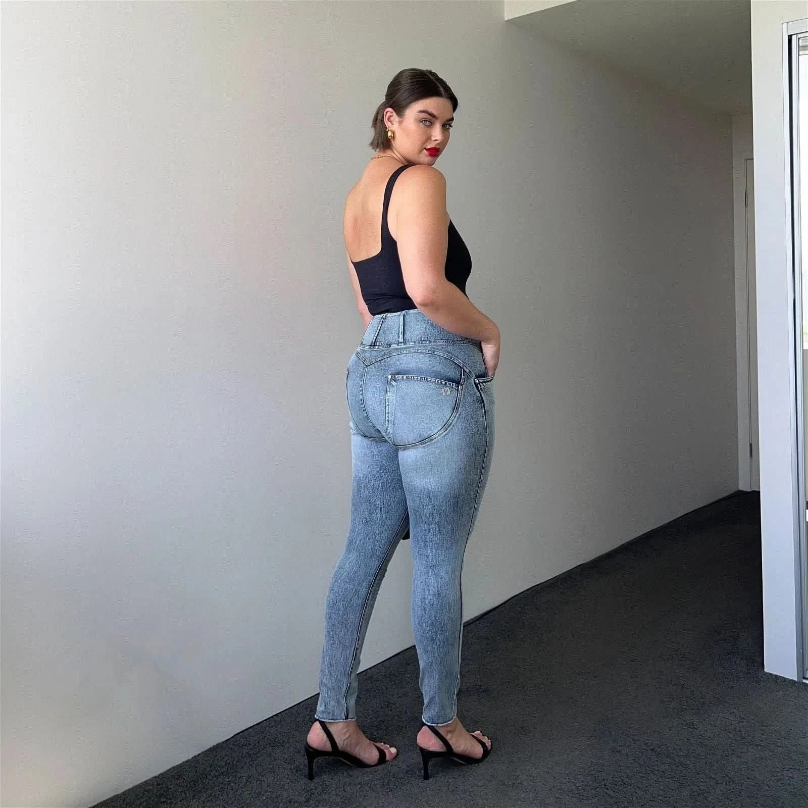 WRUP SNUG Curvy Ripped Jeans - High Waisted - Full Length - Blue Stonewash + Yellow Stitching - Image 2
