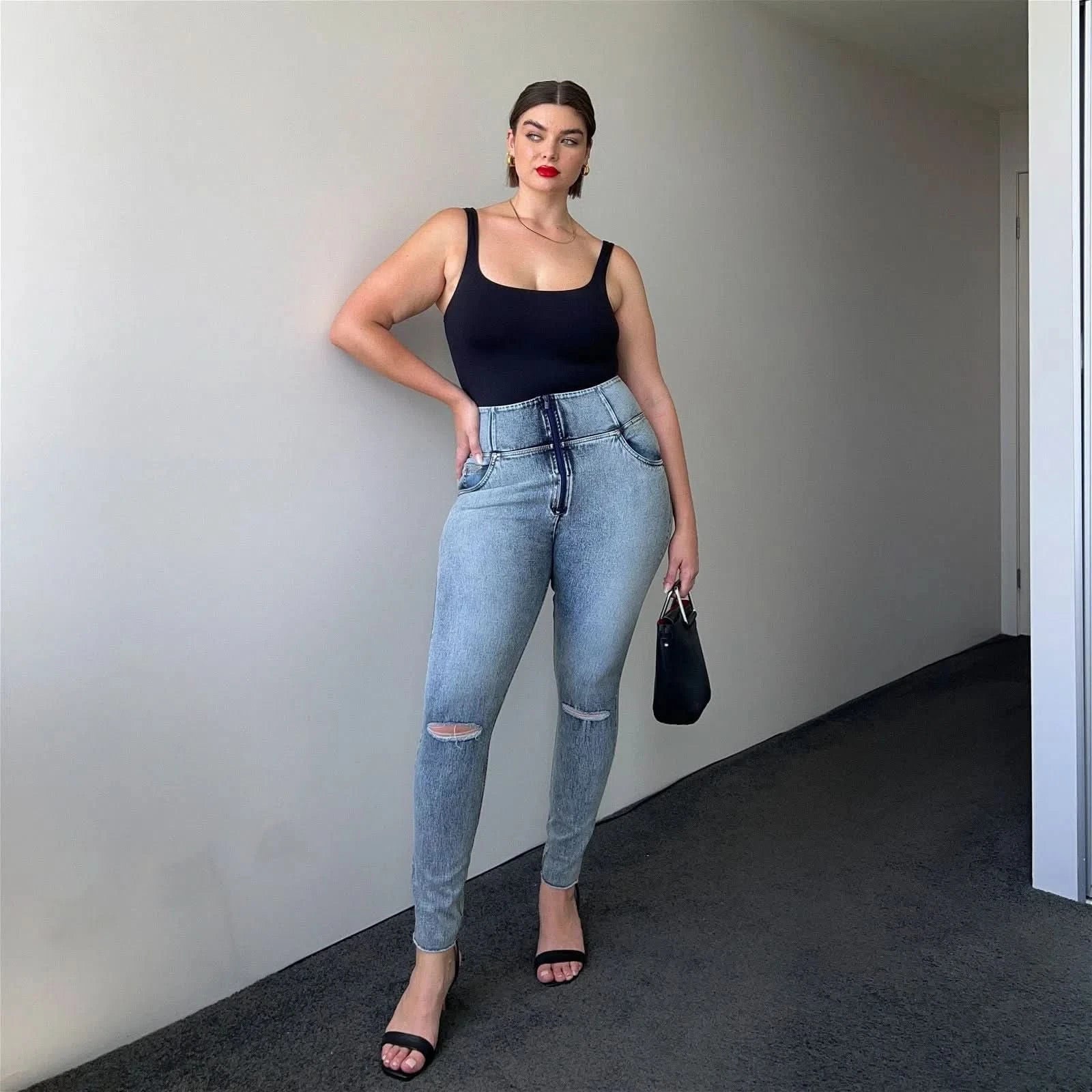 WRUP SNUG Curvy Ripped Jeans - High Waisted - Full Length - Blue Stonewash + Yellow Stitching - Image 3