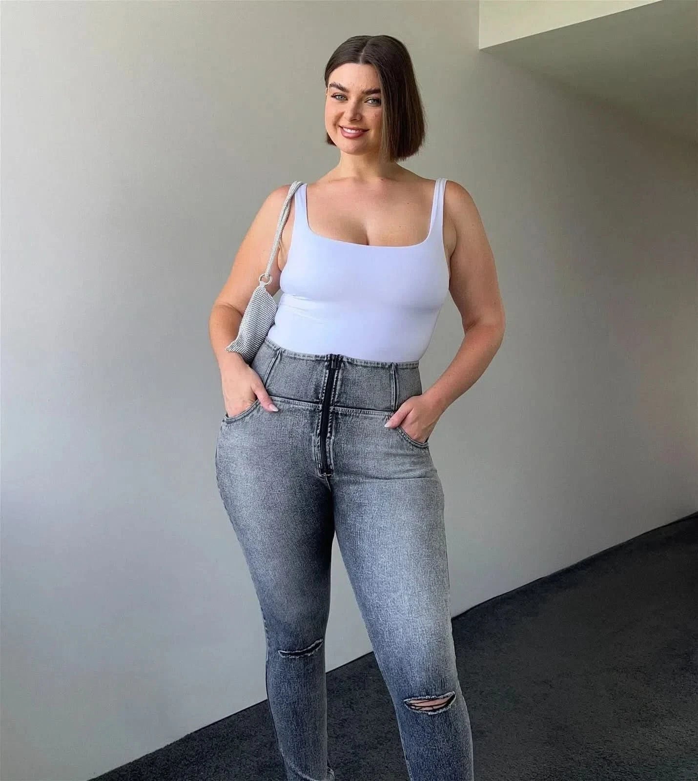 WRUP SNUG Curvy Ripped Jeans - High Waisted - Full Length - Grey Stonewash + Grey Stitching - Image 5