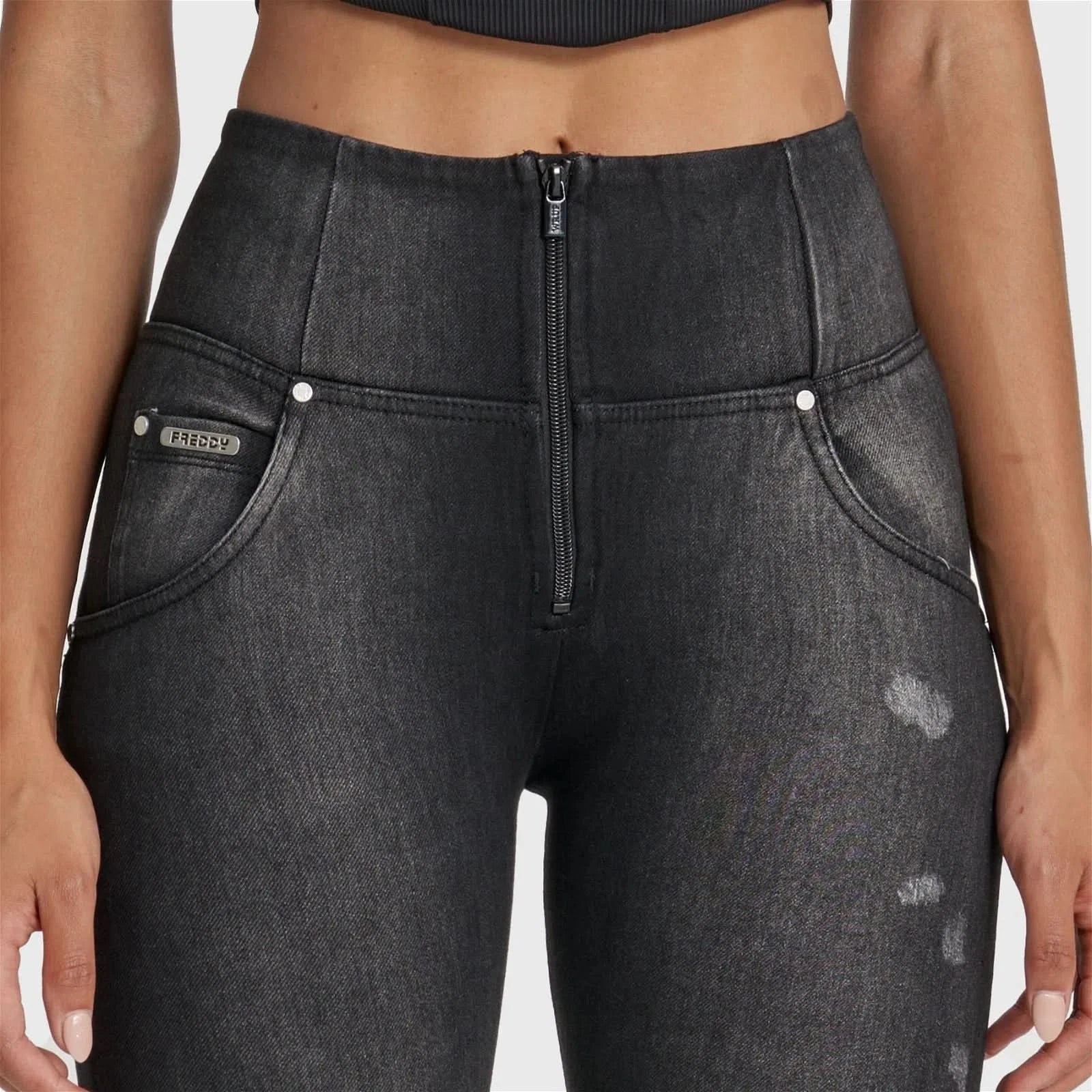 WRUP SNUG Distressed Jeans - High Waisted - Full Length - Black + Black Stitching - Image 11