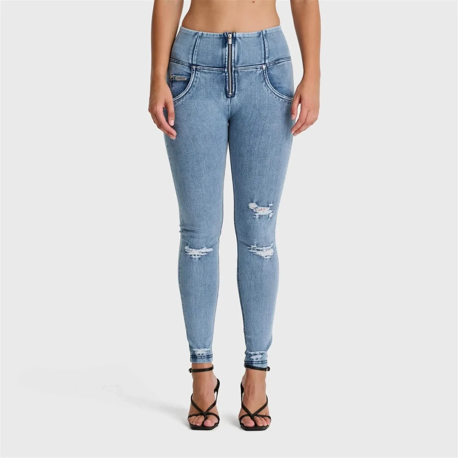 WRUP SNUG Distressed Jeans - High Waisted - Full Length - Light Blue + Blue Stitching - Image 2