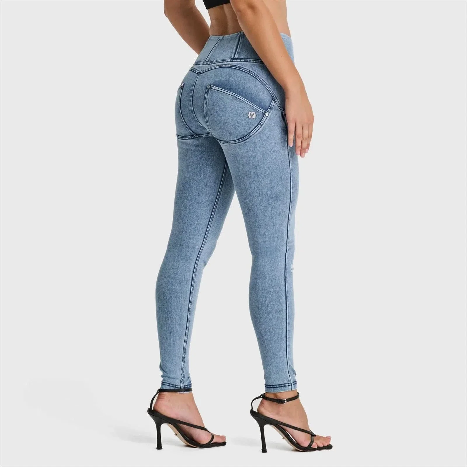 WRUP SNUG Distressed Jeans - High Waisted - Full Length - Light Blue + Blue Stitching - Image 5