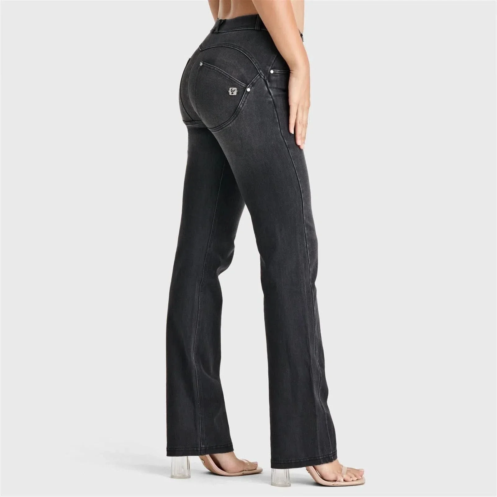WRUP SNUG Jeans - 2 Button High Waisted - Bootcut - Black + Black Stitching - Image 4