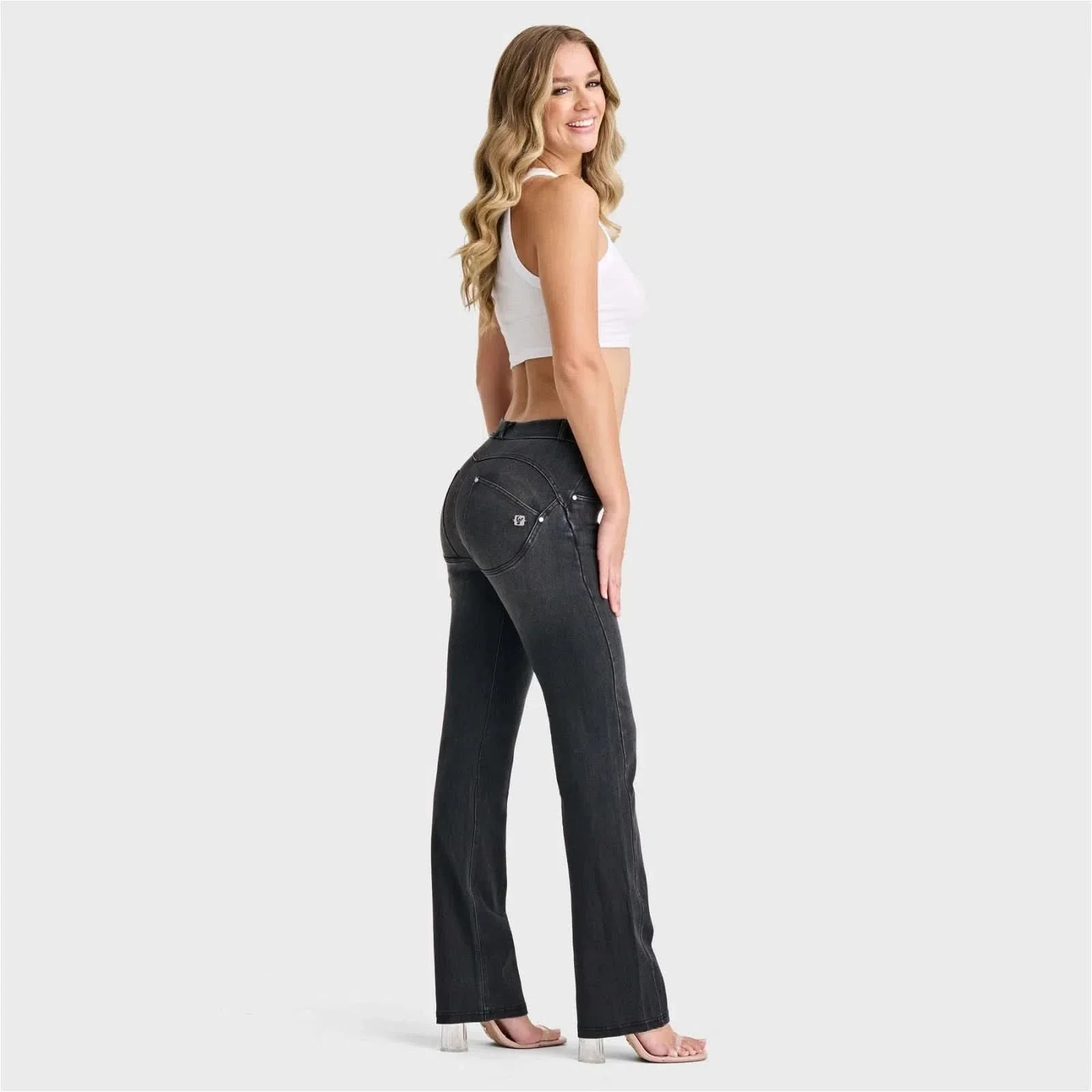 WRUP SNUG Jeans - 2 Button High Waisted - Bootcut - Black + Black Stitching - Image 7