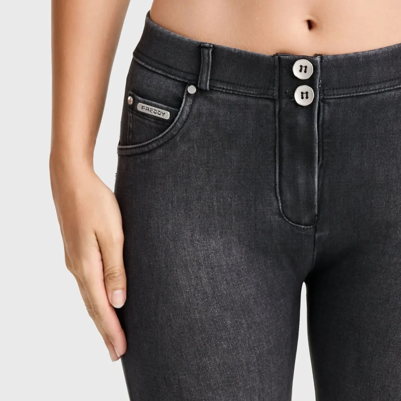 WRUP SNUG Jeans - 2 Button High Waisted - Bootcut - Black + Black Stitching - Image 9