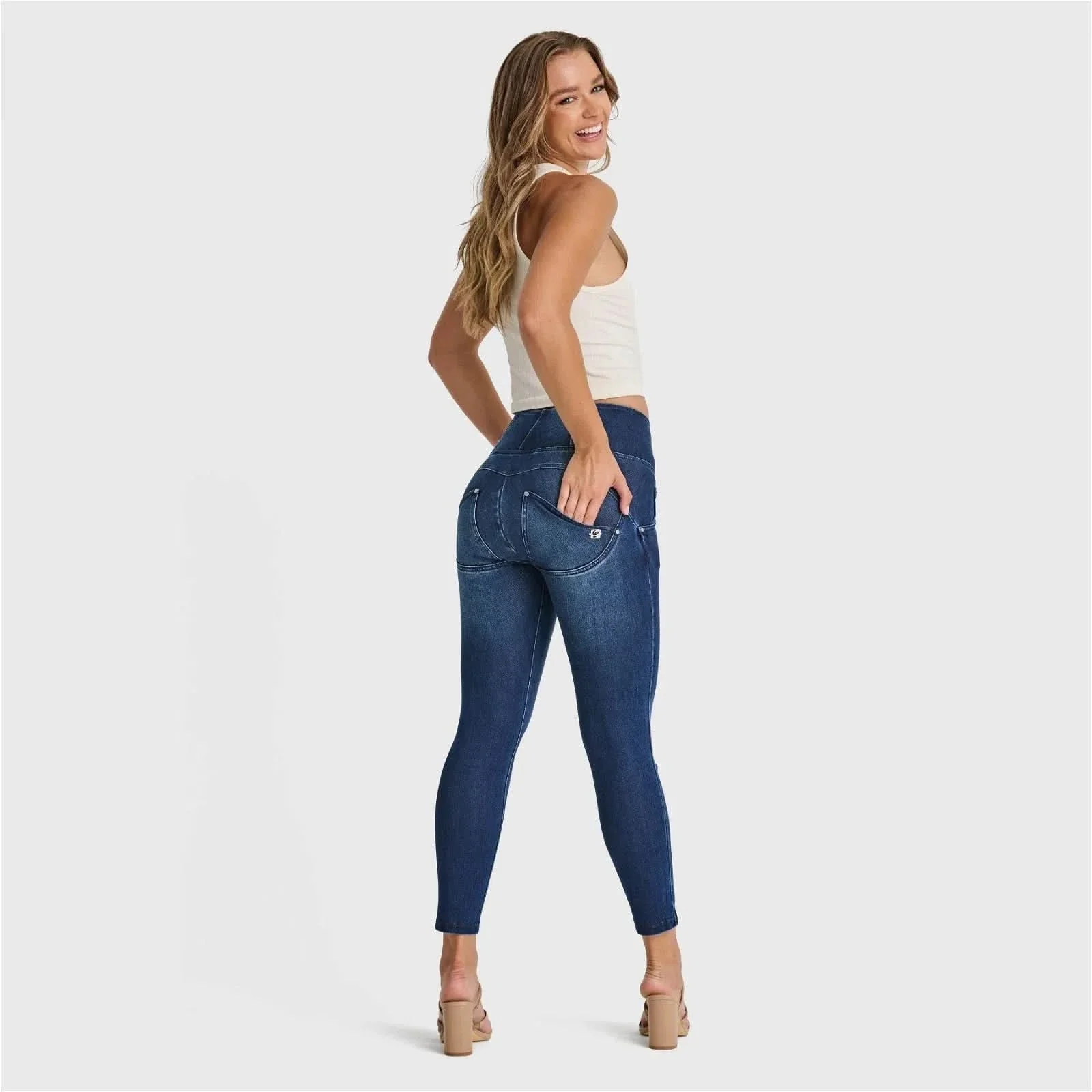 WRUP SNUG Jeans - High Waisted - 7/8 Length - Dark Blue + Blue Stitching - Image 3