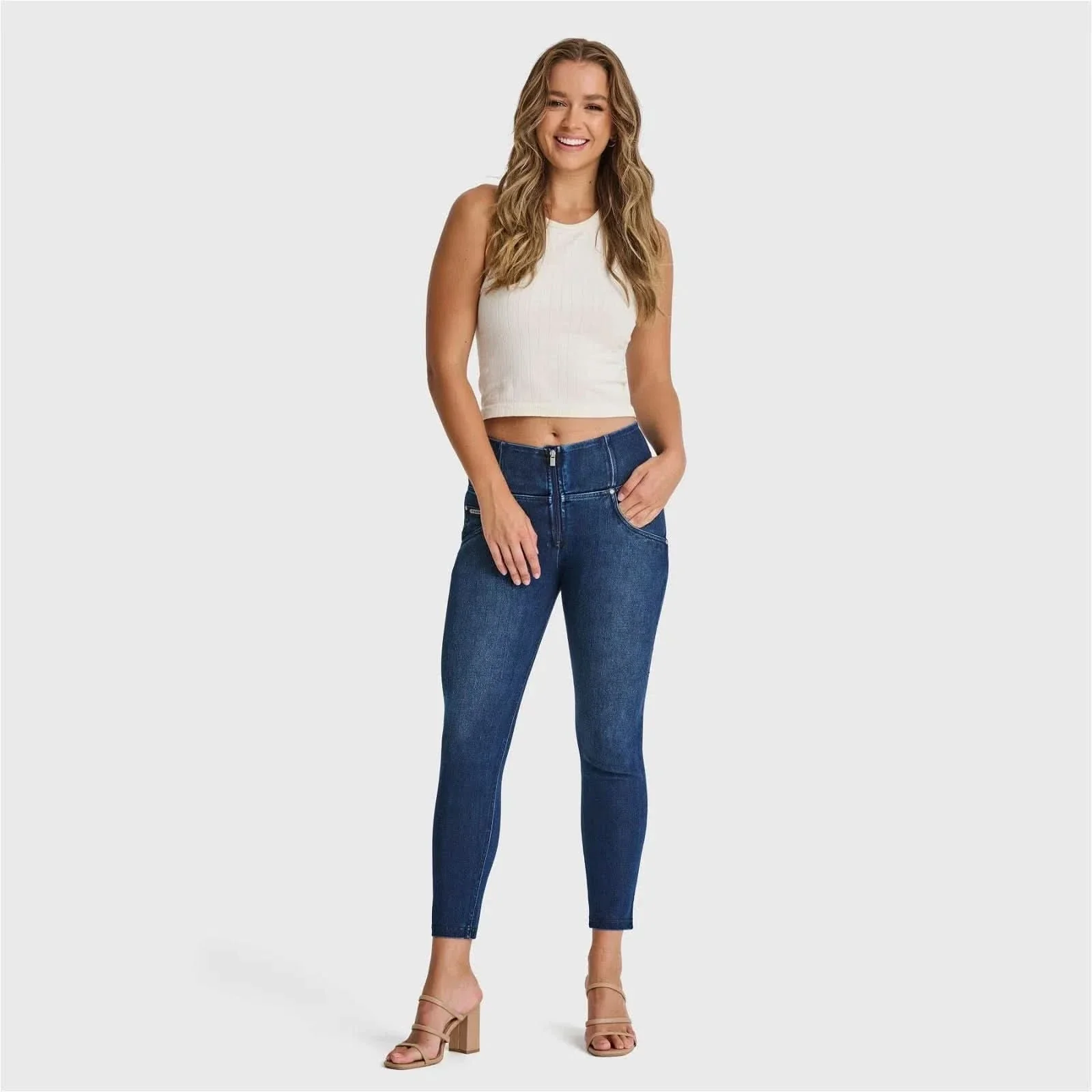 WRUP SNUG Jeans - High Waisted - 7/8 Length - Dark Blue + Blue Stitching - Image 4