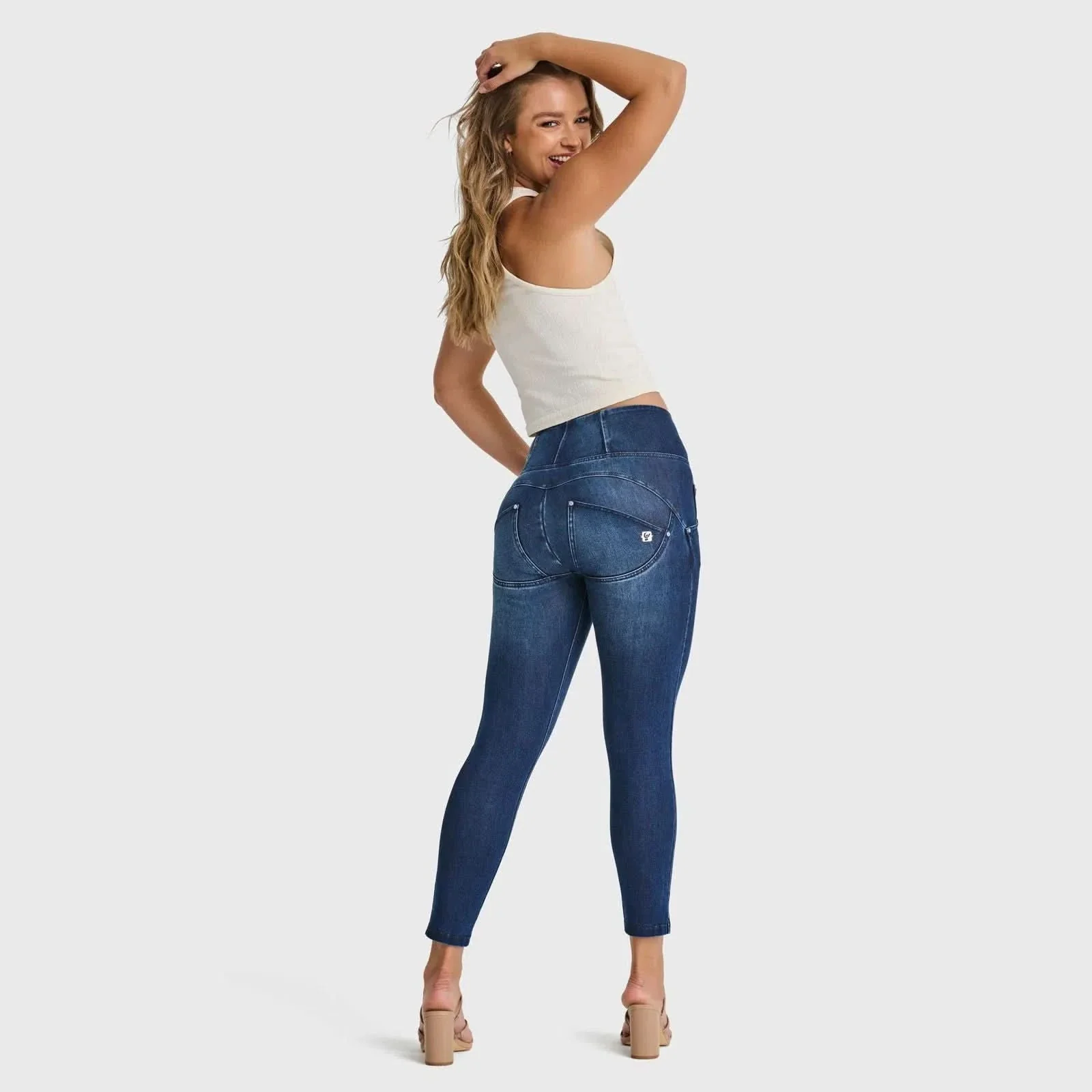 WRUP SNUG Jeans - High Waisted - 7/8 Length - Dark Blue + Blue Stitching - Image 5