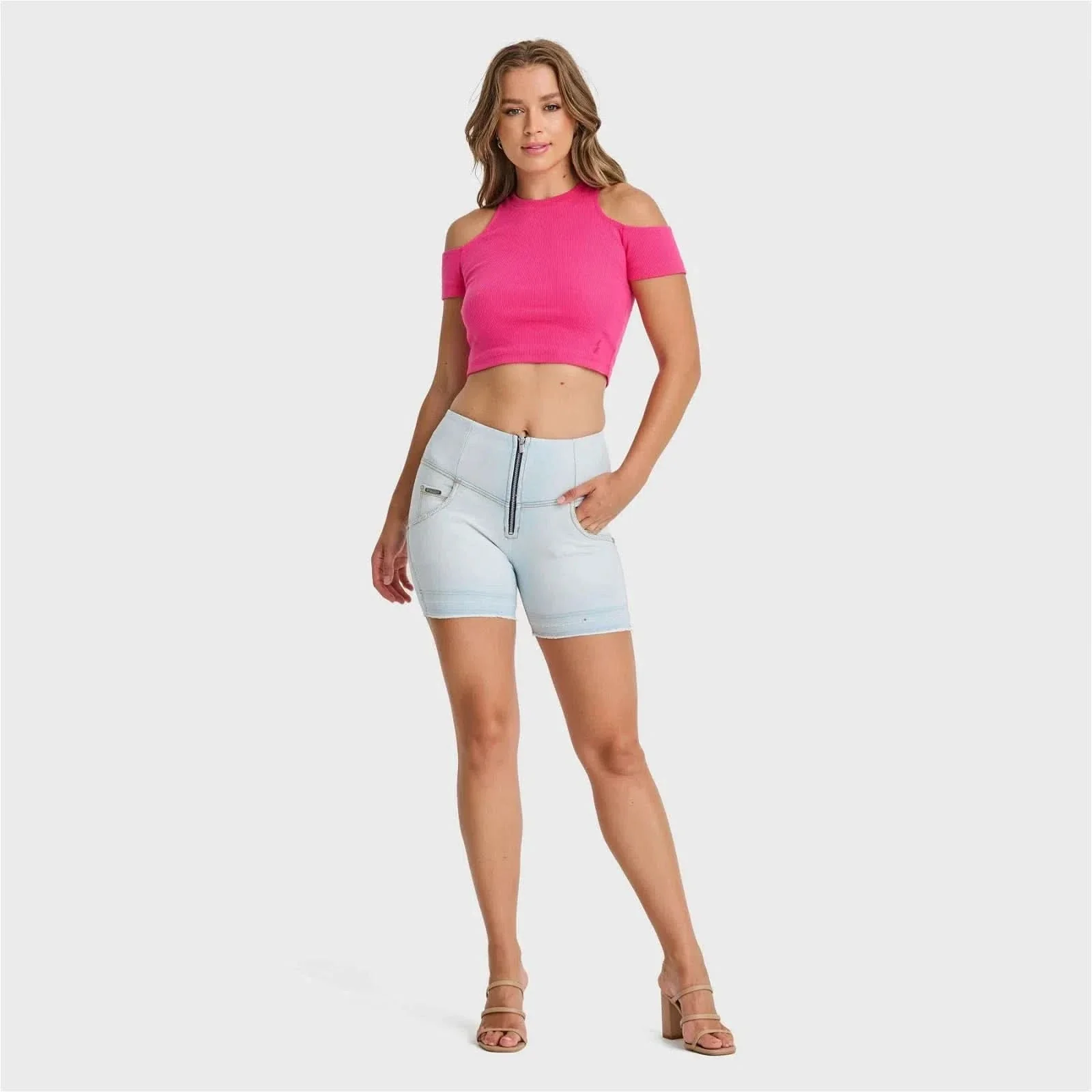 WRUP SNUG Jeans - High Waisted - Shorts - Baby Blue + Yellow Stitching - Image 5