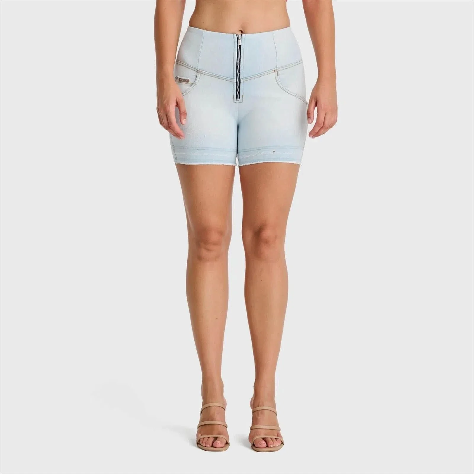 WRUP SNUG Jeans - High Waisted - Shorts - Baby Blue + Yellow Stitching - Image 6