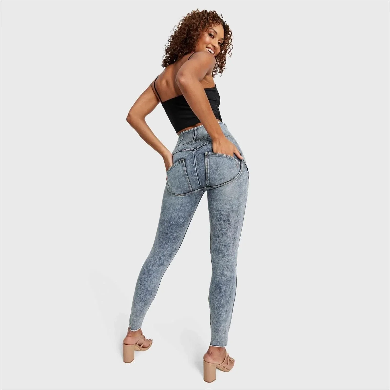 WRUP SNUG Ripped Jeans - High Waisted - Full Length - Blue Stonewash + Yellow Stitching - Image 10