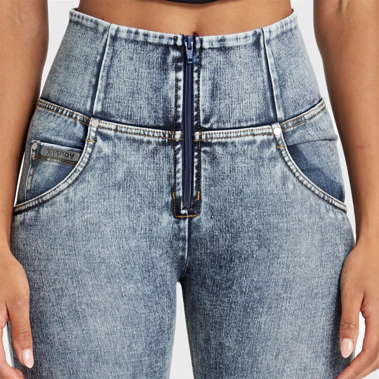 WRUP SNUG Ripped Jeans - High Waisted - Full Length - Blue Stonewash + Yellow Stitching - Image 11