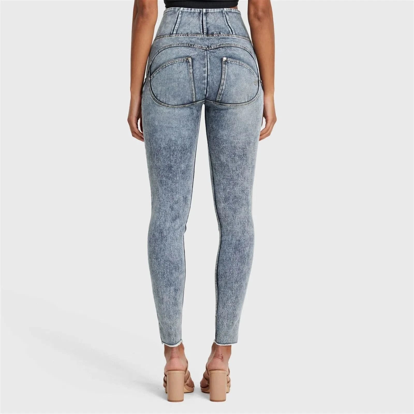 WRUP SNUG Ripped Jeans - High Waisted - Full Length - Blue Stonewash + Yellow Stitching - Image 3