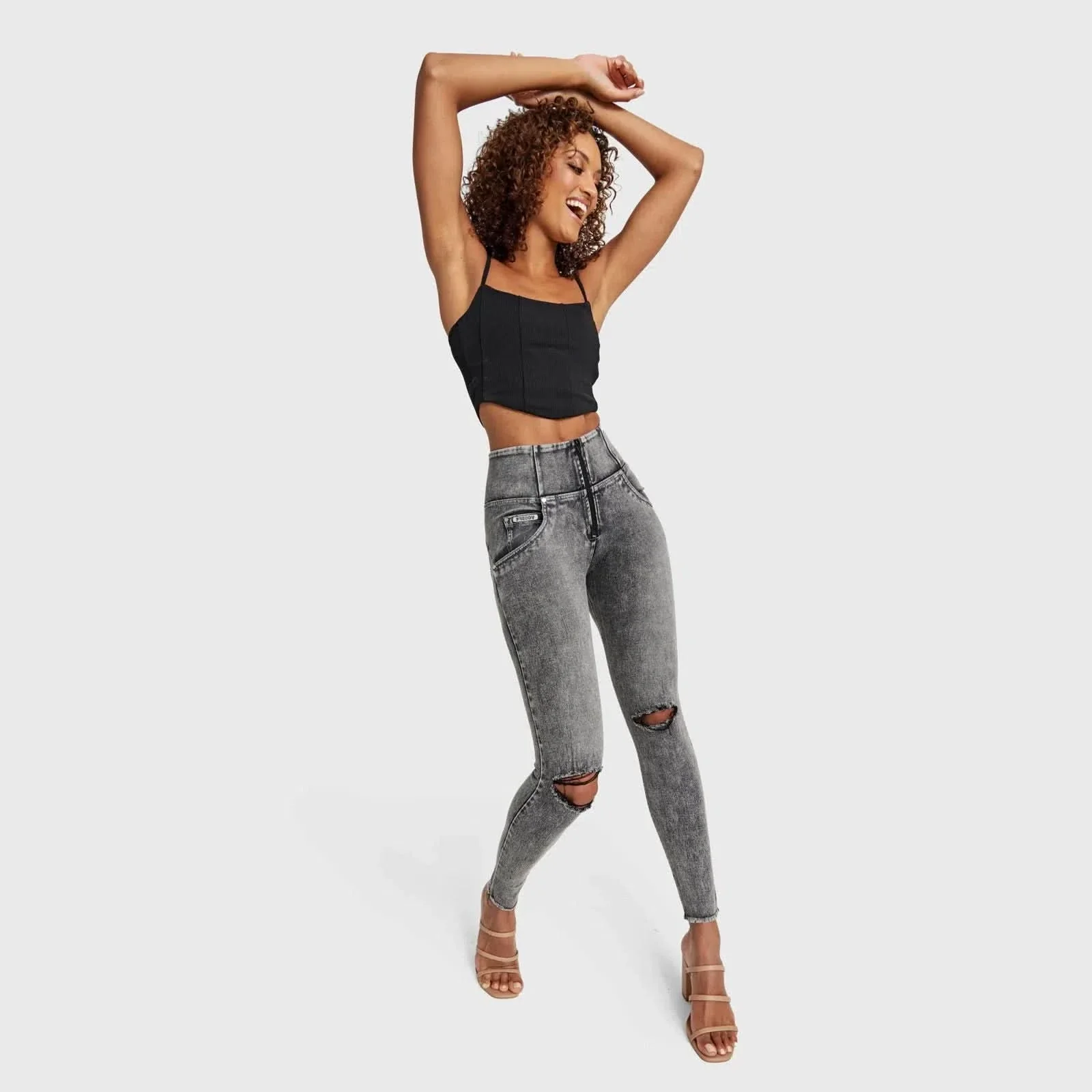 WRUP SNUG Ripped Jeans - High Waisted - Full Length - Grey Stonewash + Grey Stitching - Image 10