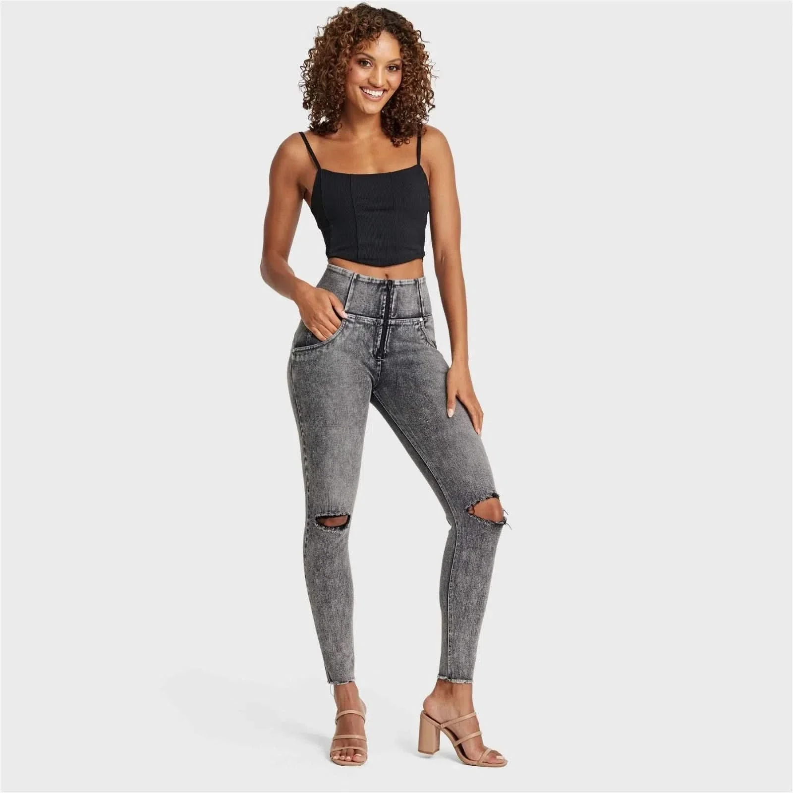 WRUP SNUG Ripped Jeans - High Waisted - Full Length - Grey Stonewash + Grey Stitching - Image 4