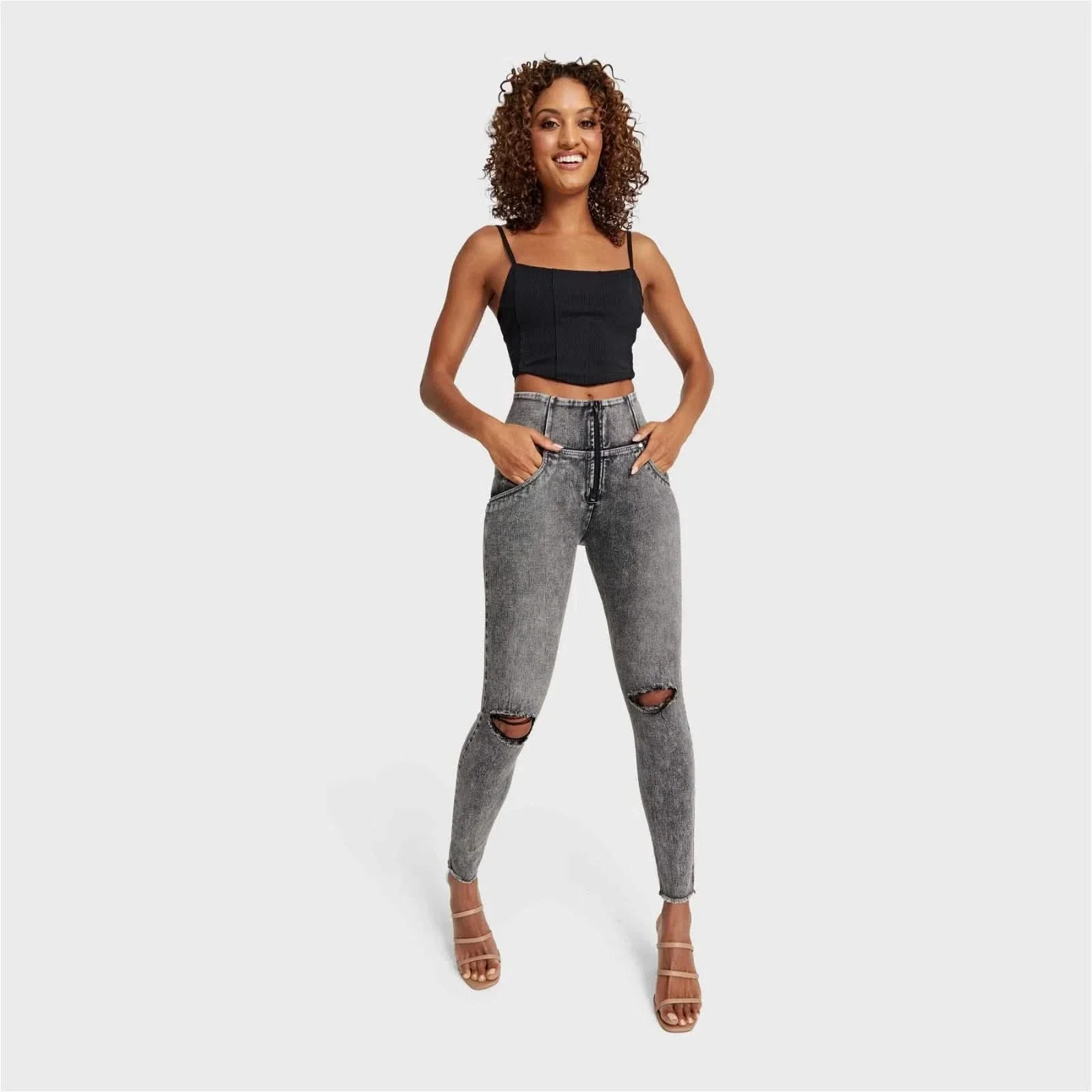WRUP SNUG Ripped Jeans - High Waisted - Full Length - Grey Stonewash + Grey Stitching - Image 9