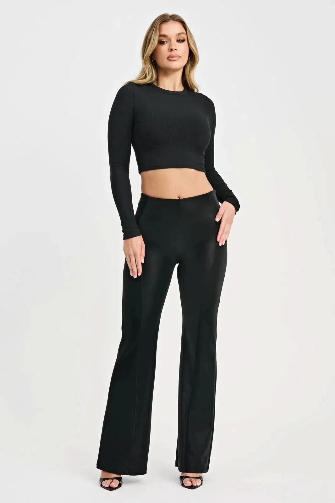 WRUP Velvet Faux Leather - High Waisted - Super Flare - Black - Image 3