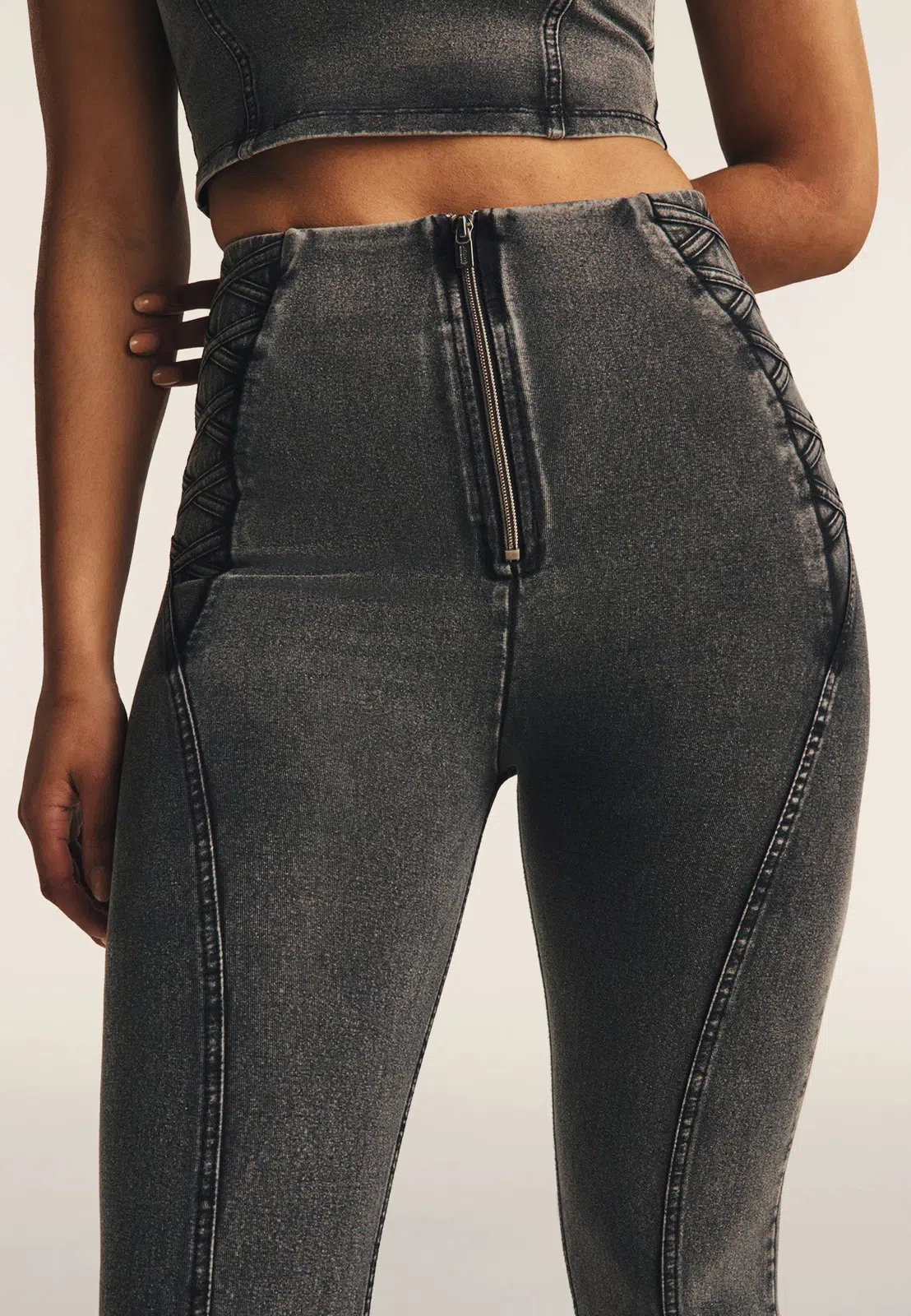 WRUP Denim Criss Cross Detail - High Waisted - 7/8 Length - Dark Grey Denim + Black Stitching - Image 6