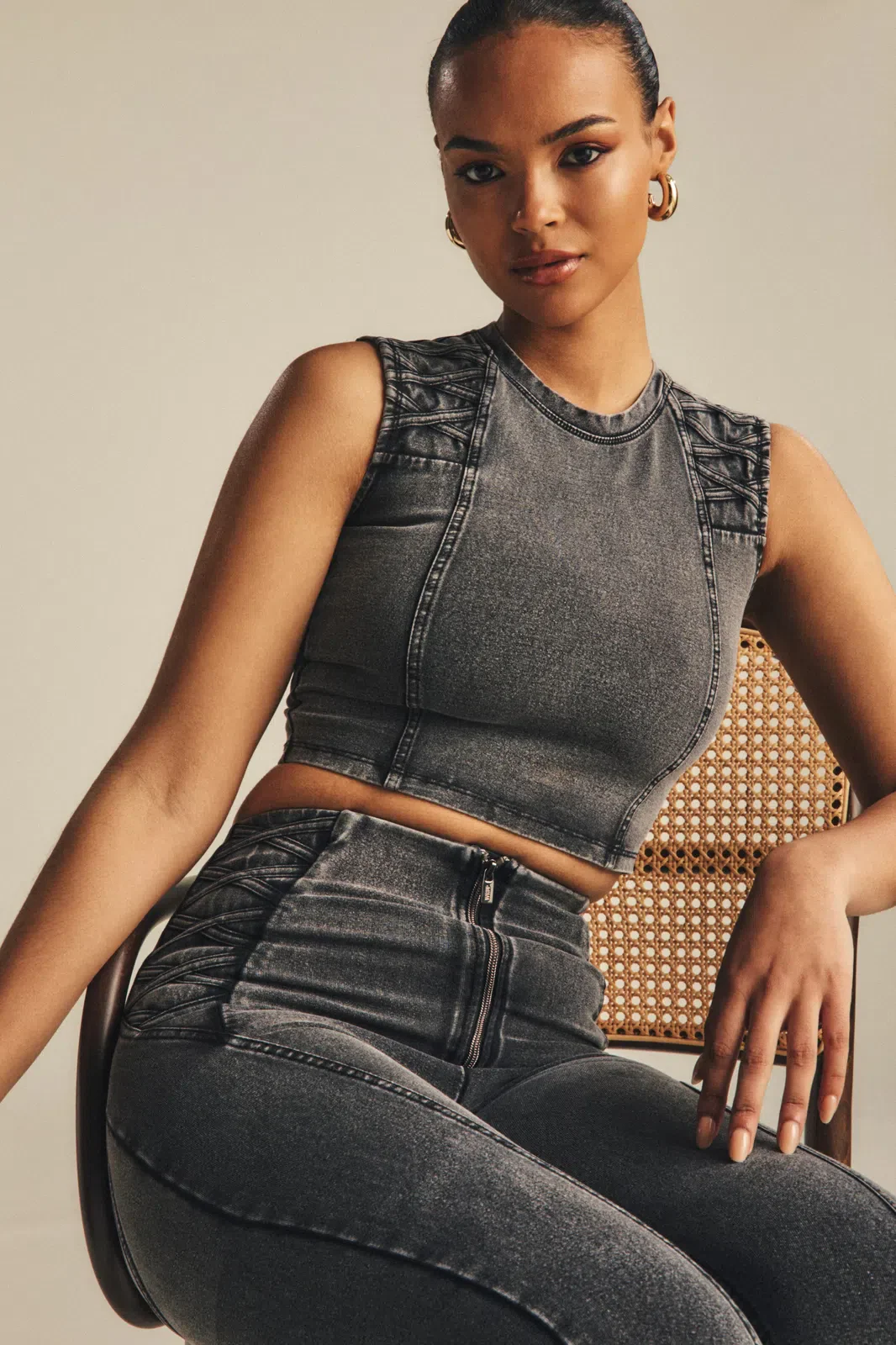 WRUP Denim Criss Cross Detail - High Waisted - 7/8 Length - Dark Grey Denim + Black Stitching - Image 8