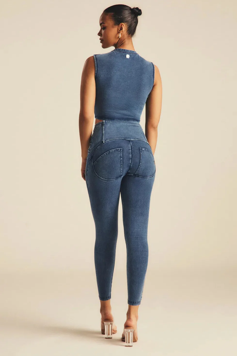 WRUP Denim Criss Cross Detail - High Waisted - 7/8 Length - Indigo Denim + Blue Stitching - Image 3