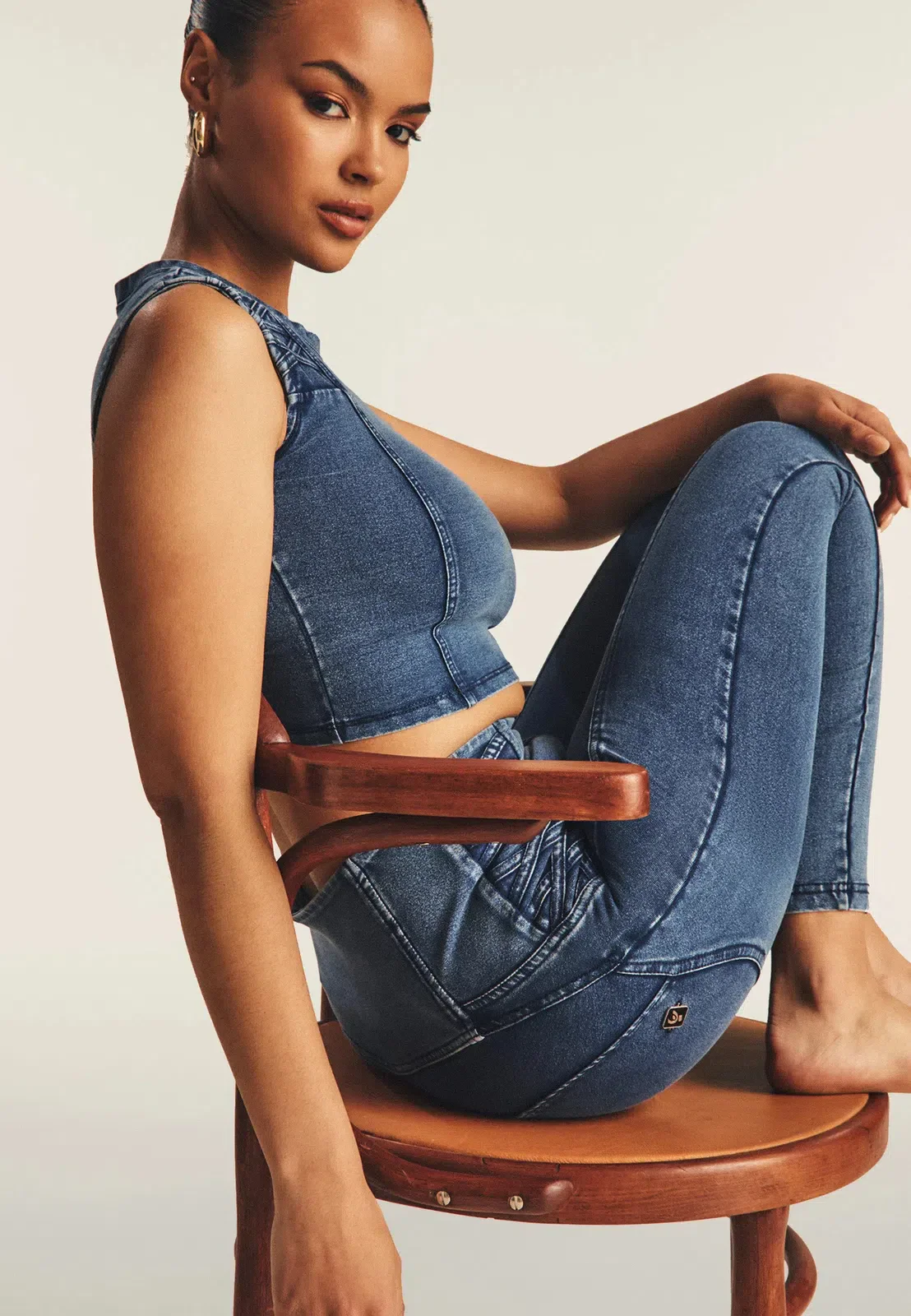 WRUP Denim Criss Cross Detail - High Waisted - 7/8 Length - Indigo Denim + Blue Stitching - Image 4