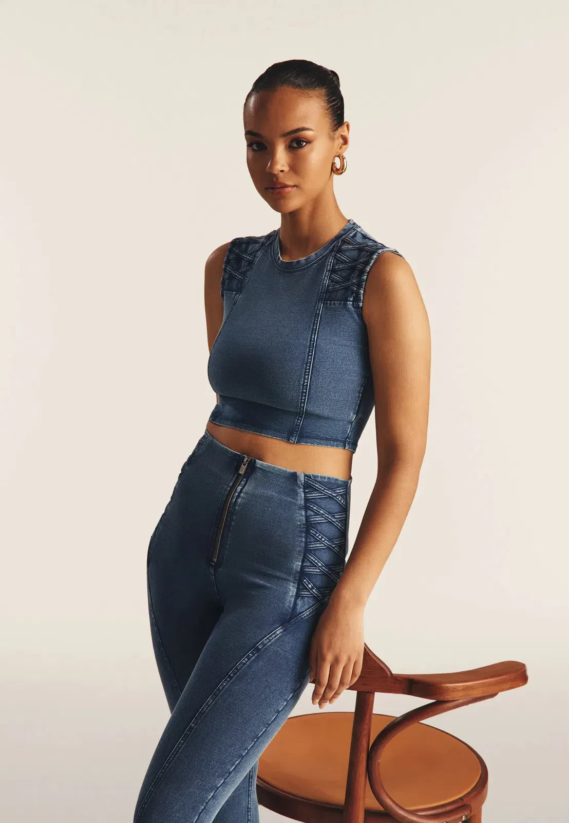 WRUP Denim Criss Cross Detail - High Waisted - 7/8 Length - Indigo Denim + Blue Stitching - Image 5