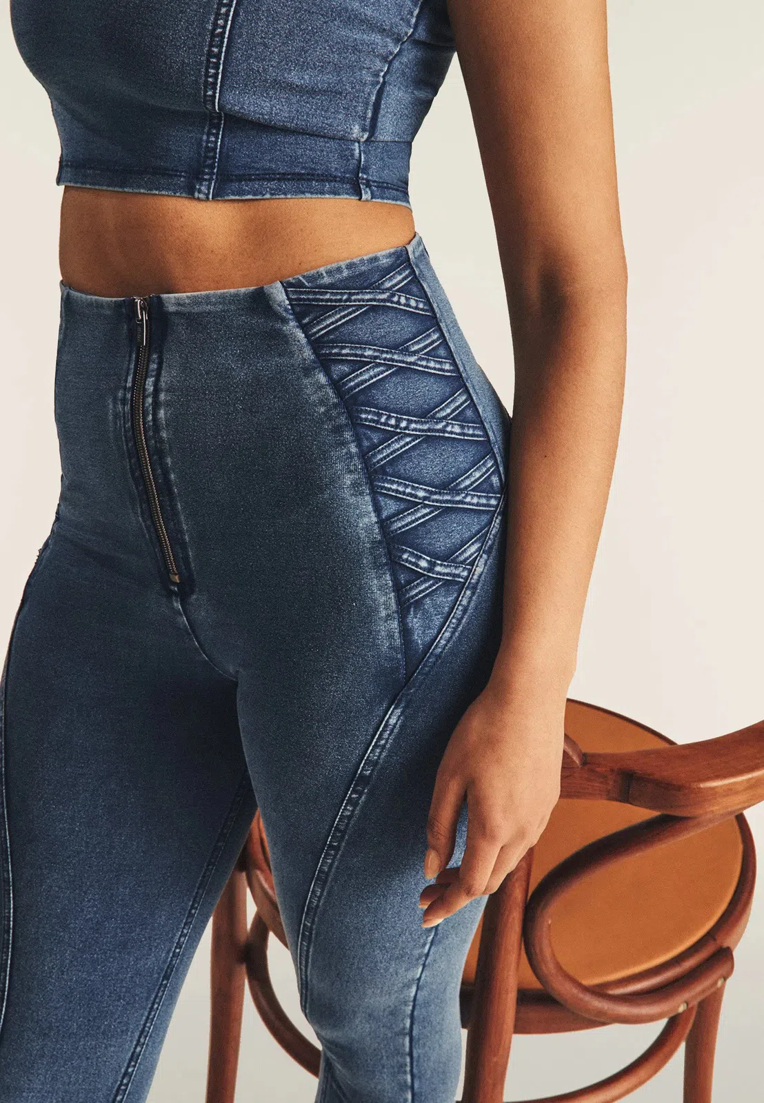 WRUP Denim Criss Cross Detail - High Waisted - 7/8 Length - Indigo Denim + Blue Stitching - Image 6