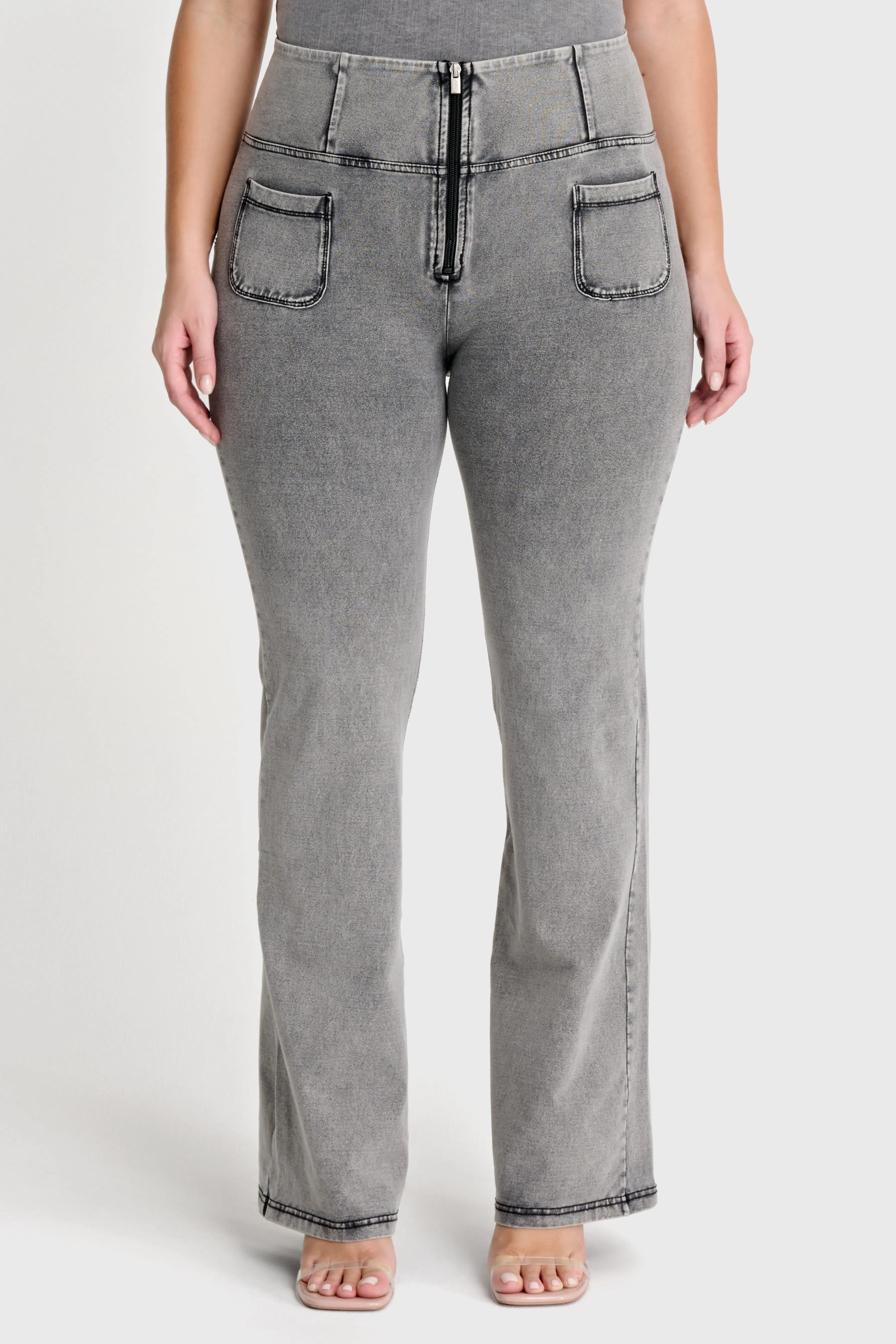 WRUP Denim with Front Pockets - Super High Waisted - Flare - Grey + Black Stitching - Image 3